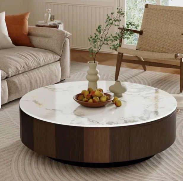 35” Round Cocktail Table With Marble Top For Living Room