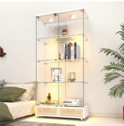 Modern Glass Display Cabinet with Large Drawers and LED Lights, Tempered Glass Bookshelf with 2-Door Storage Case, 4 Shelves
