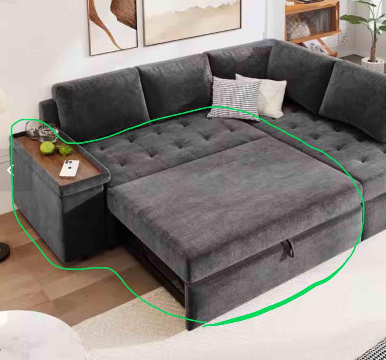 Couch with Pull-Out Bed, Wide Arm Rest With Hidden Compartment (Inside Armrest), Includes 2 Pillows.