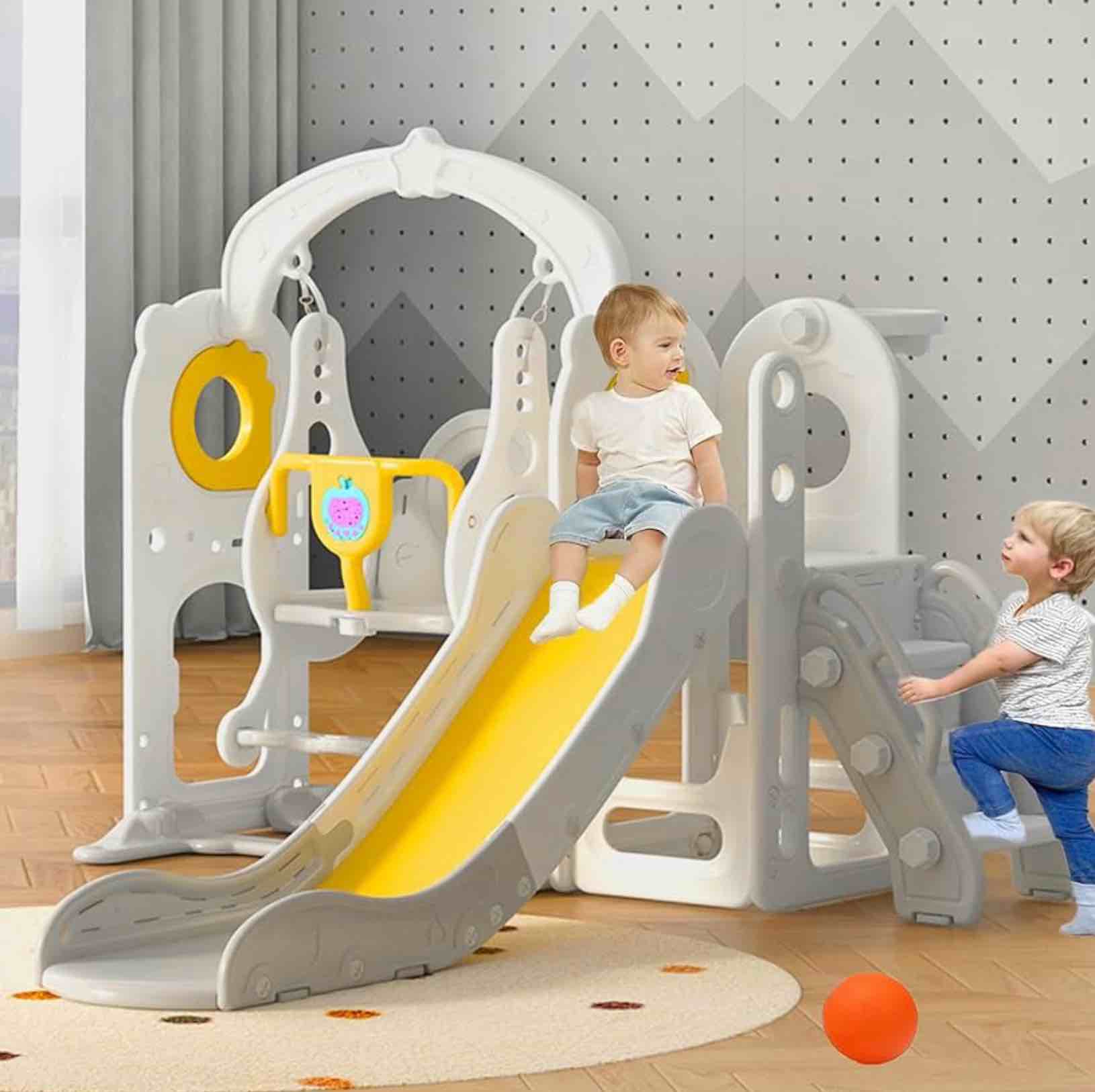 Kids Slide and Swing Set, 7in1 Toddler Slide Playset with Adjustable Swing and Dining-Plate, Basketball Hoop, Ball and Climb Stairs Kids Playset Indoor Outdoor with Music Player, White/Gray