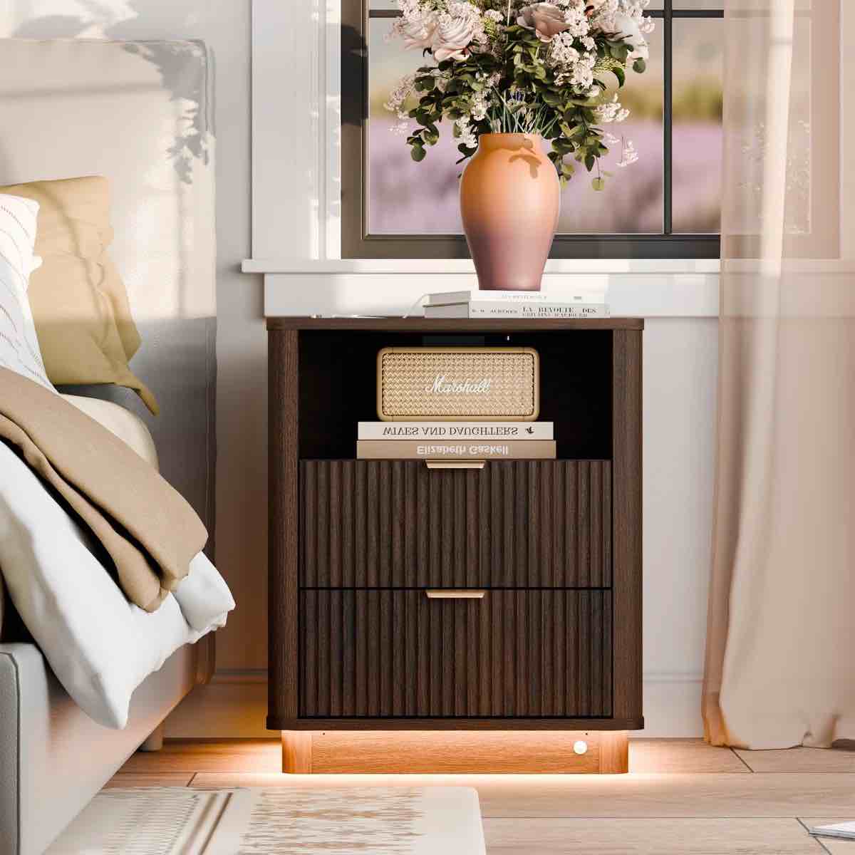 Curved Night Stand With Charging Station Lighting, Modern Side Table