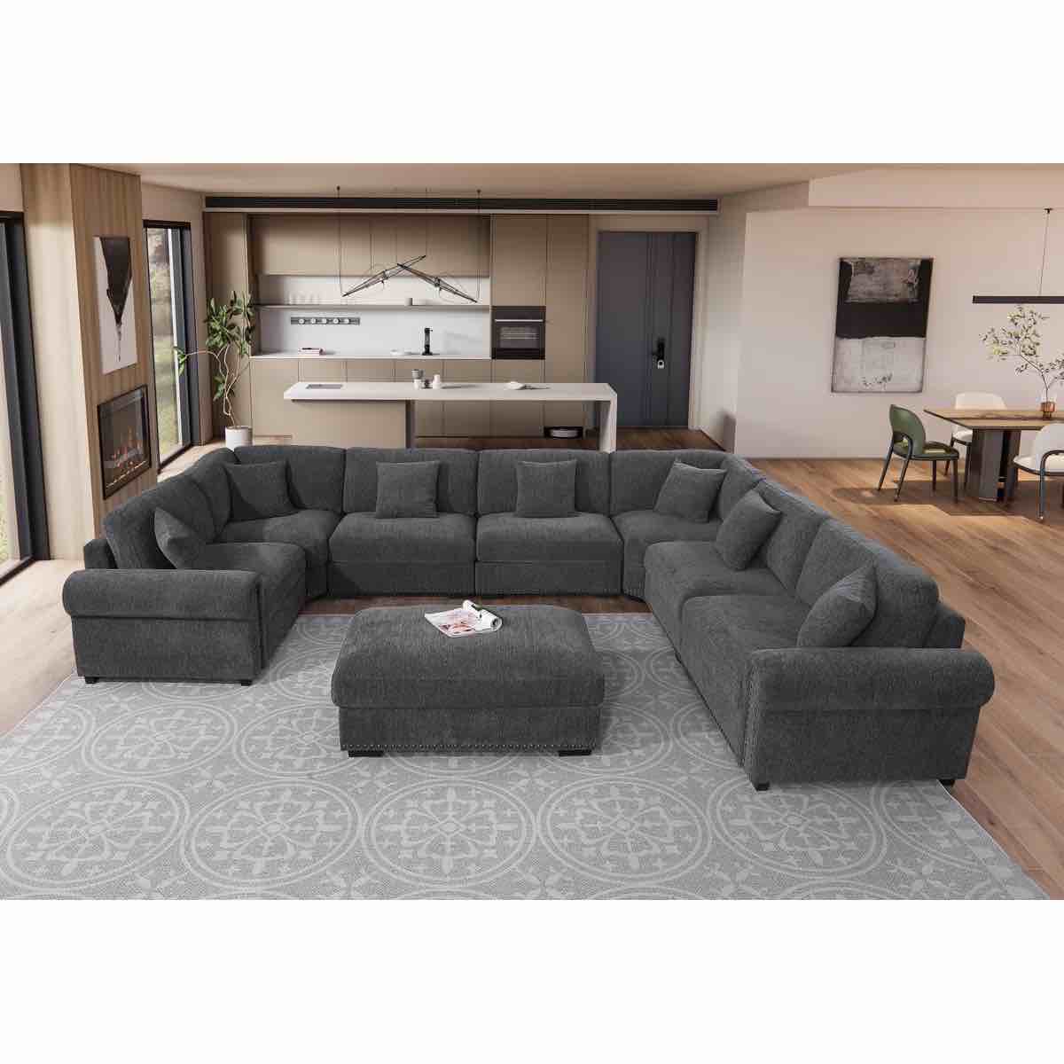 Errett Modern Fabric Reversible 8 Seater Corner Sectional With Movable Ottoman
