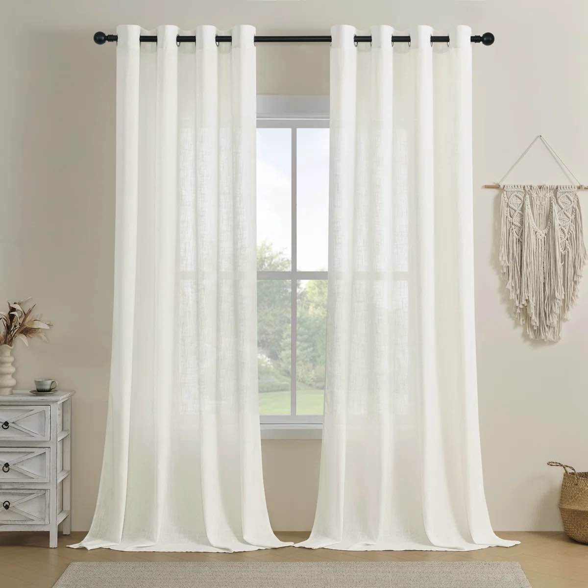 Draycott Polyester Linen Textured Light Filtering Semi-Sheer Grommet Curtain Pair (Set of 2)