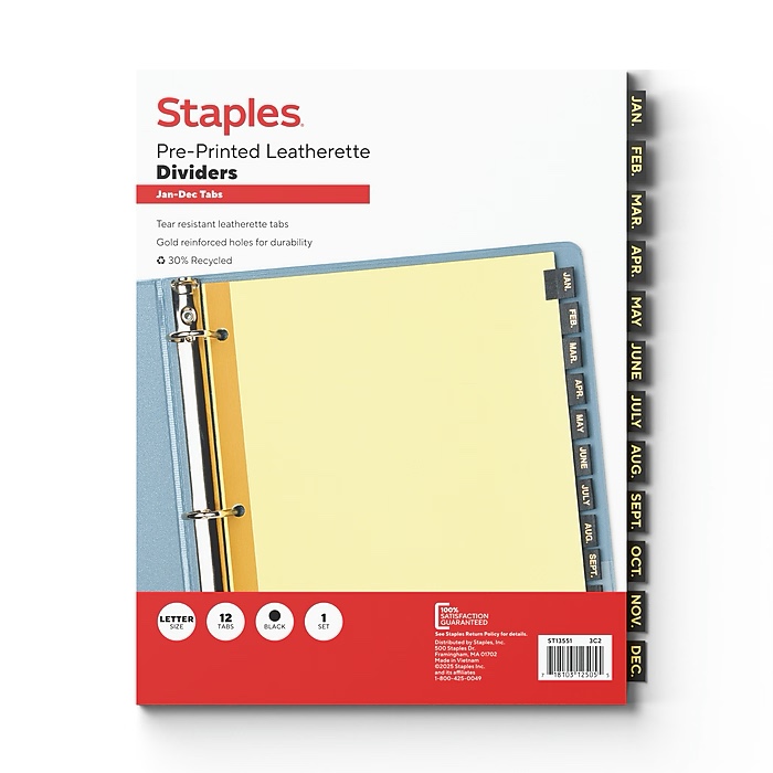 Staples Pre-Printed Monthly Division Tabs Leatherette Index 12 Tabs, Pack Of 12 Sets
