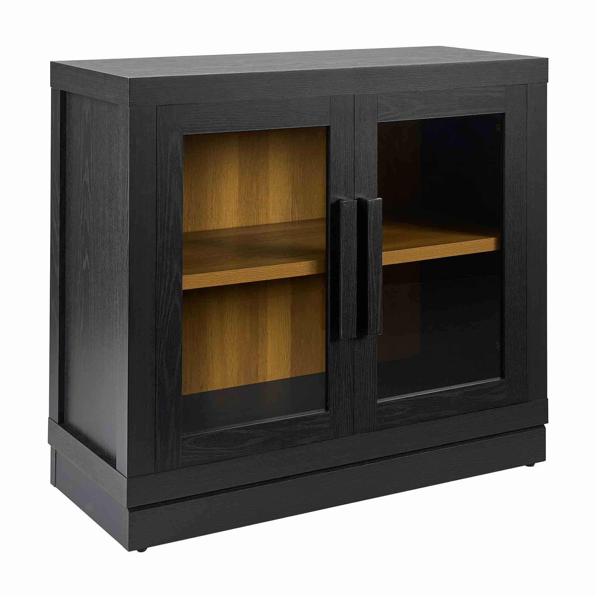better homes and garden EZRA storage cabinet rich black finish with light honey accent