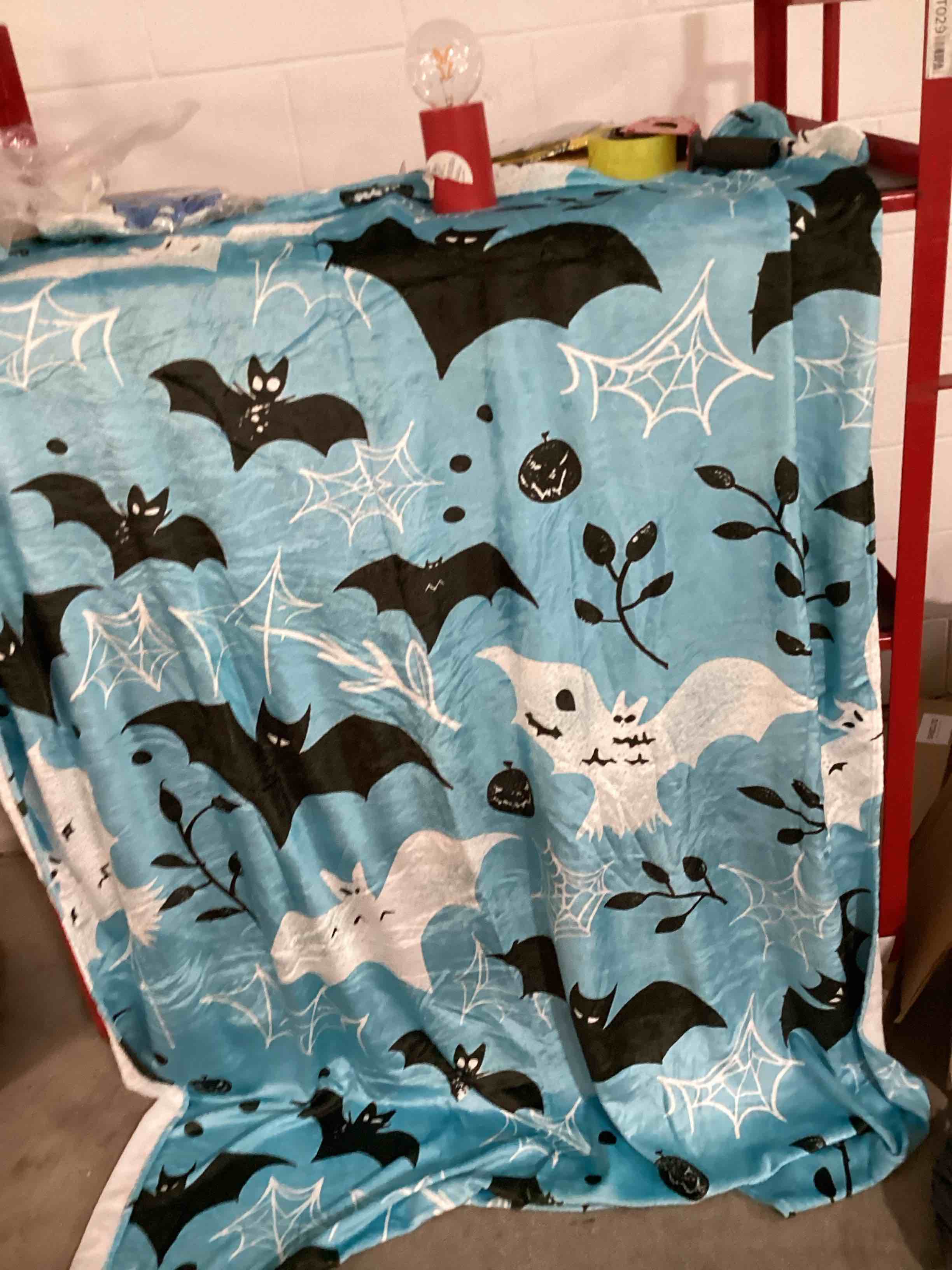Blue white and black bat Halloween blanket hundred percent polyester