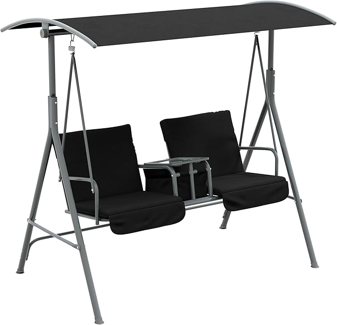 Patio swing chair 2 seats with console in the middle black 