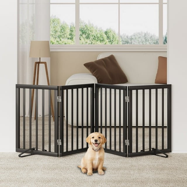 Smuxee Bamboo Freestanding Pet Gate Foldable Dog Gate with Support Feet, Black, 4 Panel