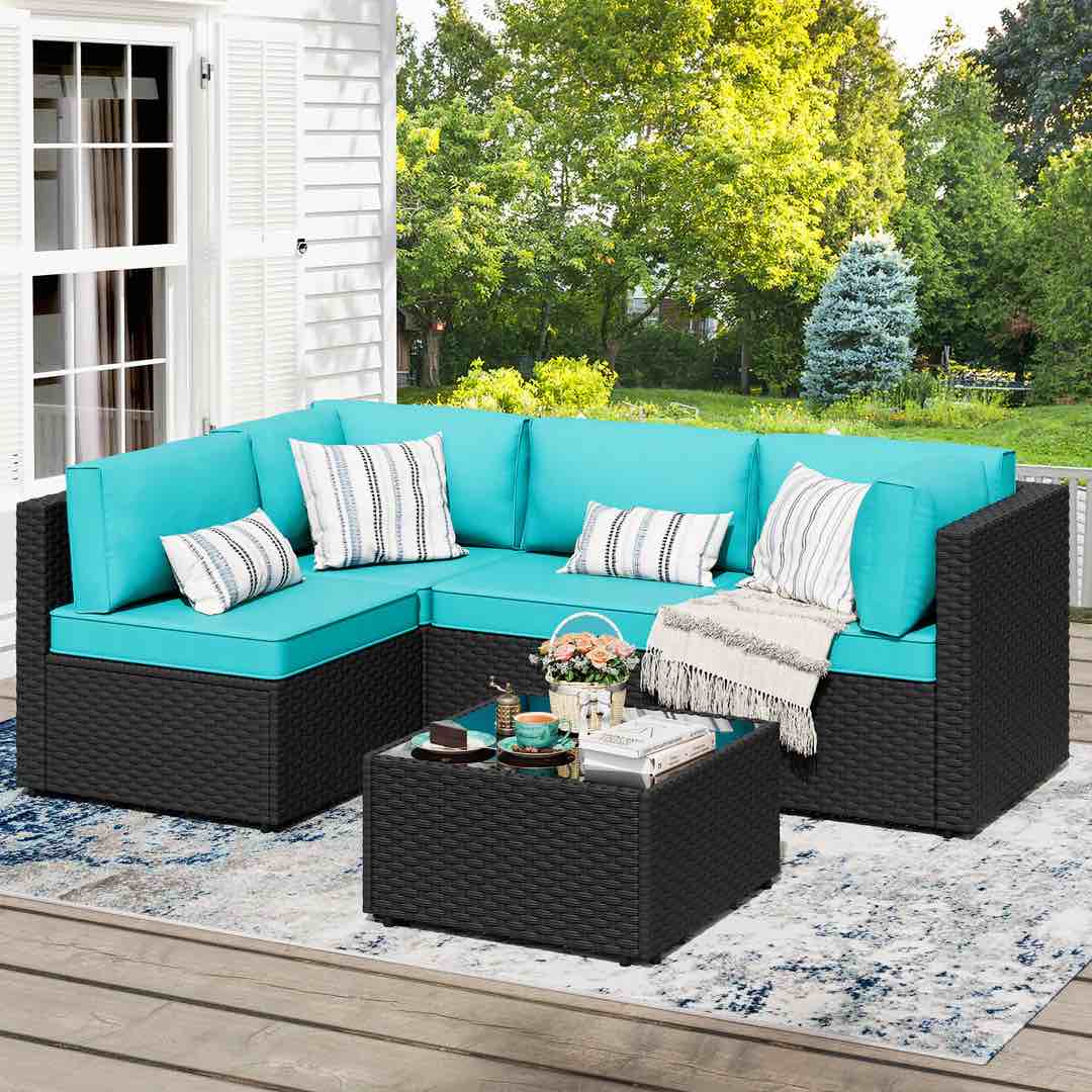 Walsunny Patio Furniture 5 Pieces Outdoor Sectional Sofa, Black Wicker