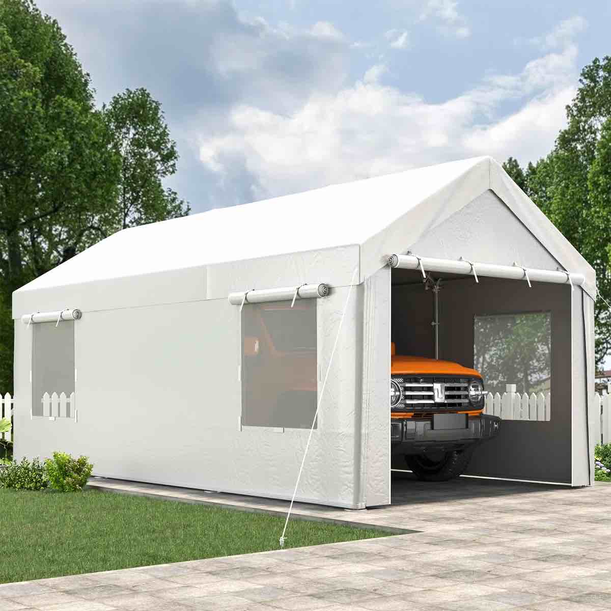 10 X 20Ft Heavy Duty Carport, Portable Garage With Sidewalls, All Weather For Car, Storage & Tool Room, White