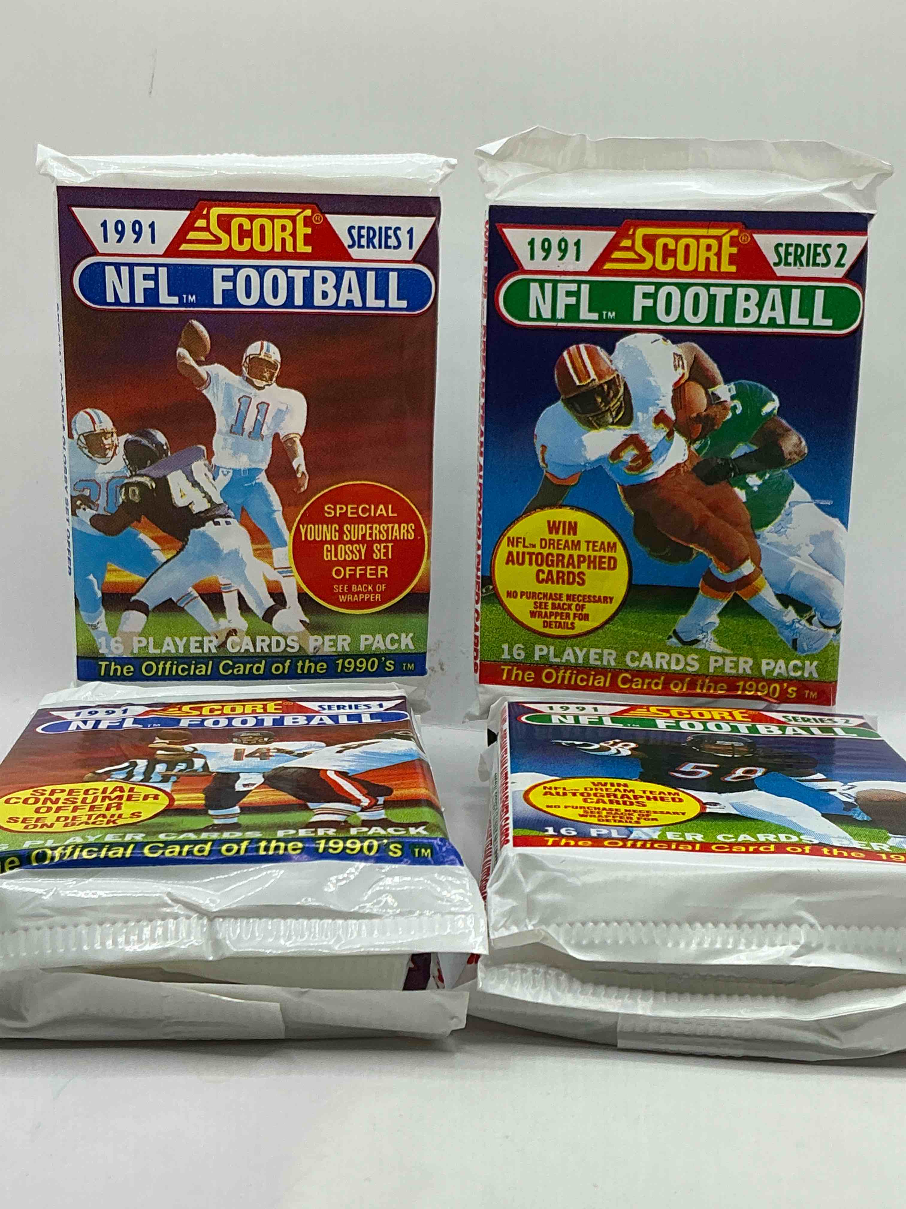 1991 nfl score football sealed card packs series i & ii direct from original retail case! these cards are sought after by collectors for their awesome, nostalgic look. search for brett favre rookie, early jerry rice, early emmit smith, joe montana & so much more!