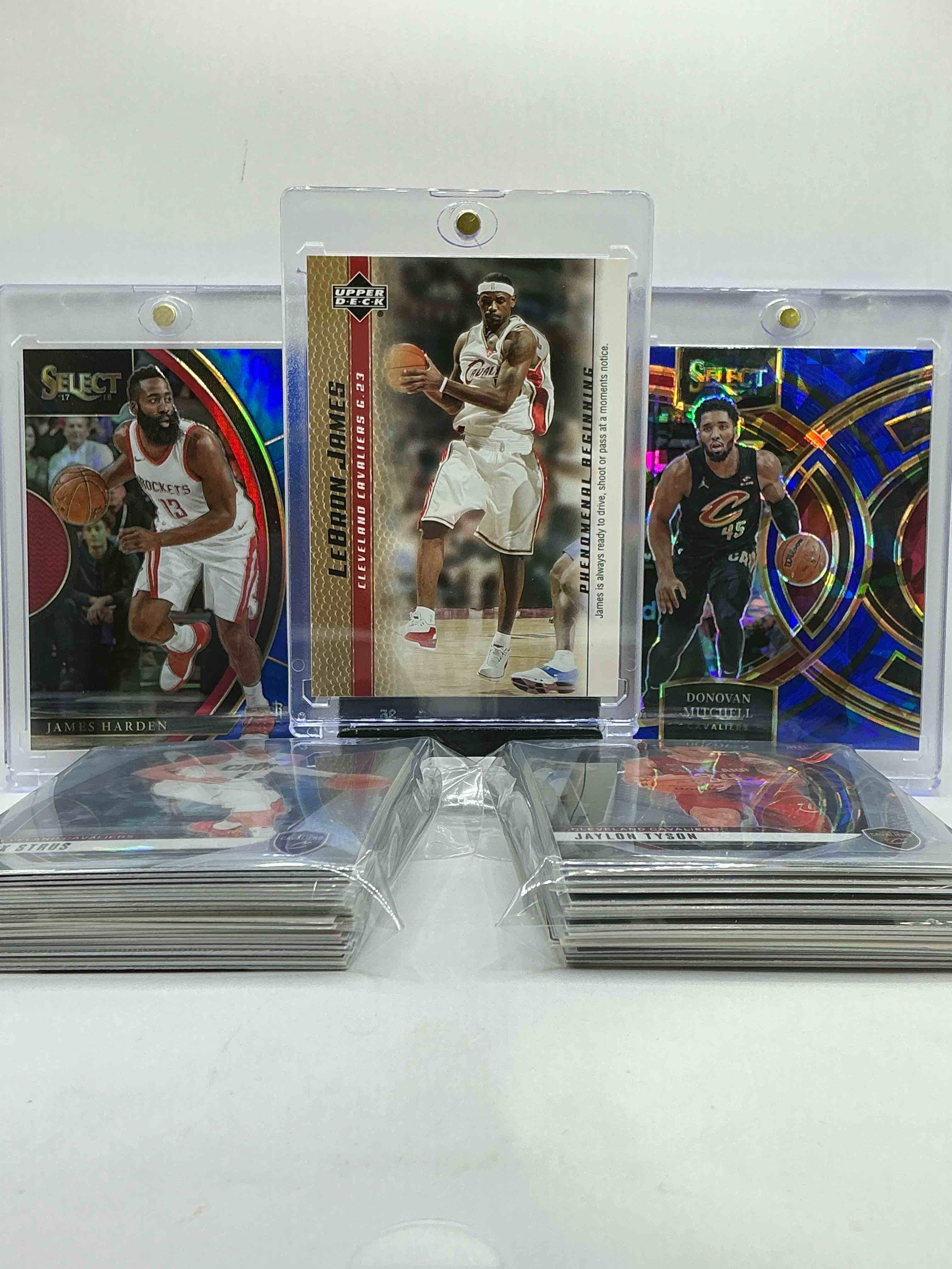 lebron james upper deck rookie! james harden /299 select & matching donovan mitchell select cracked ice! cavaliers craziness! this 50 card lot includes commons, legends & more! wow! insane 50 card lot! cleveland! lebron & more!