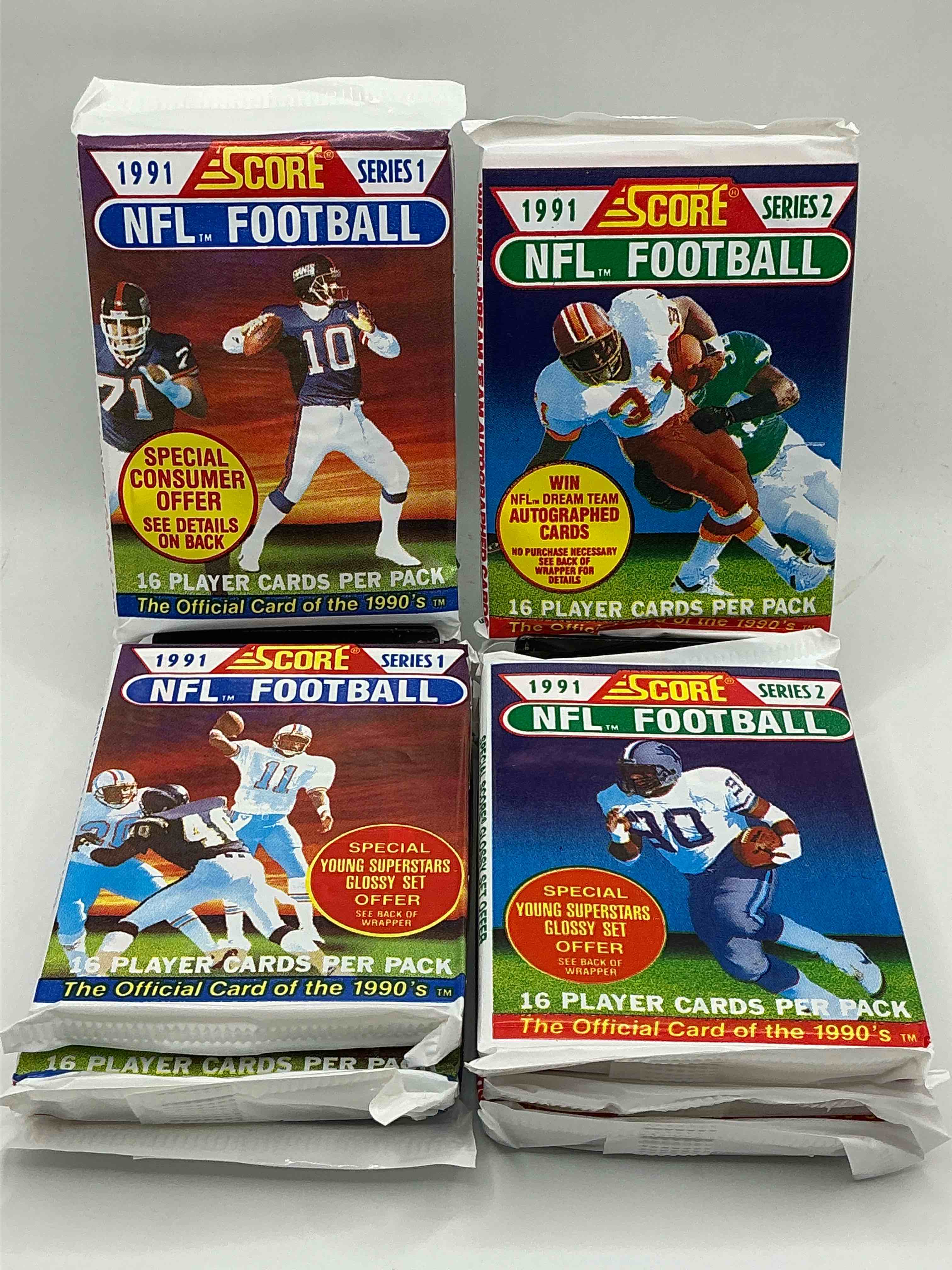 1991 nfl score football sealed card packs series i & ii direct from original retail case! these cards are sought after by collectors for their awesome, nostalgic look. search for brett favre rookie, early jerry rice, early emmit smith, joe montana & so much more!