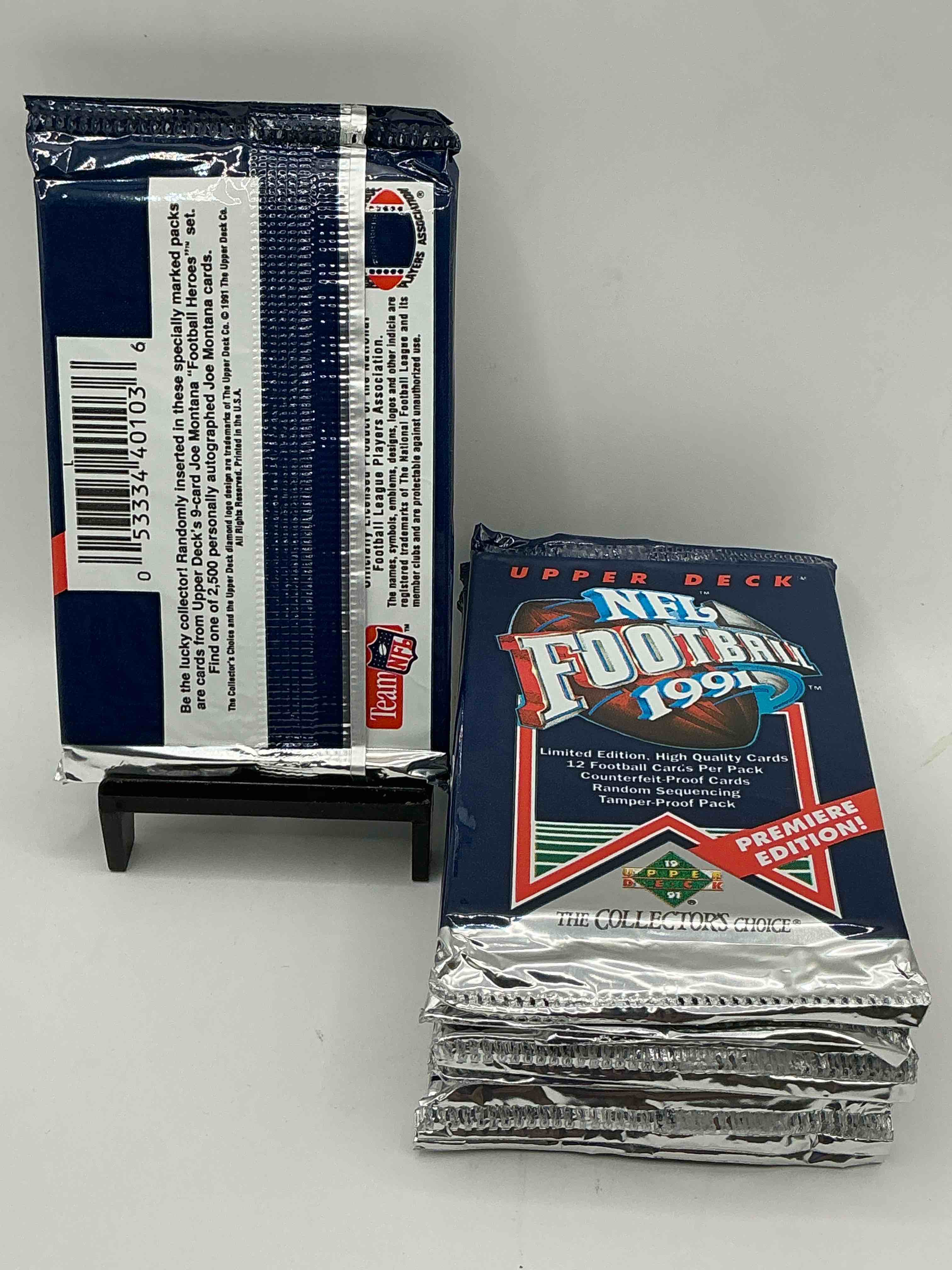 Condition photo showing New/Like New for rare & vintage! 1991 upper deck premier edition unopened nfl football packs! direct from original box! brett favre rookie year! search for brett favre rookie & other 80s stars!