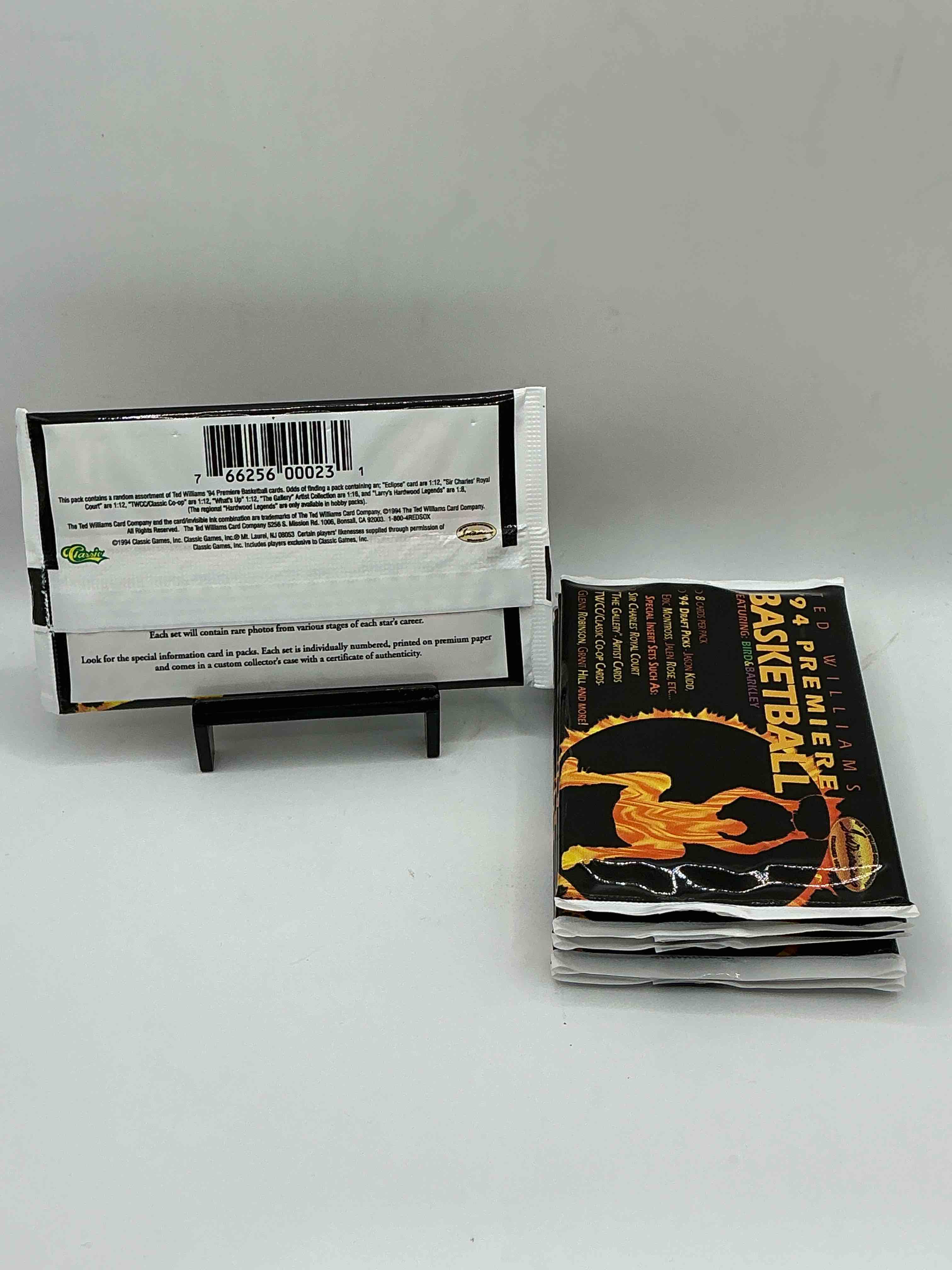 Condition photo showing New/Like New for 1994 ted williams premiere unopened basketball packs! search for jason kidd & grant hill rookies, along with other big names from the year! look for exclusive co-op cards! wow!