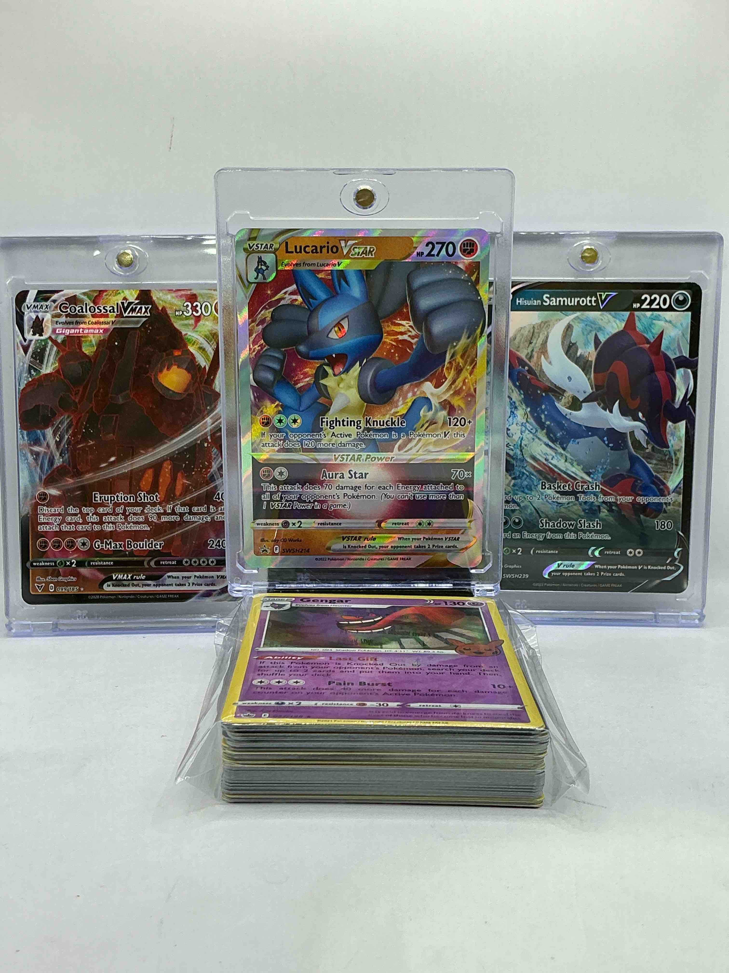Lucario VSTAR, Coalossal VMAX, Samurott V & More! Along With 50 Other Pokémon Heroes, Holos, Legends & Commons- Including 1 Stage Two Rare Holographic, 2 Stage One Rare Holographic, 3 Basic Rare Holographic, 4 Common/ Uncommon Holographics (All Stages), 2 Stage Two Non Holographic & 2 Rares! Also Includes 36 Non Holo Common/ Uncommon Basic & First Stage Cards Trainers & Energy Too! Perfect Set For Collectors & Enthusiasts!
