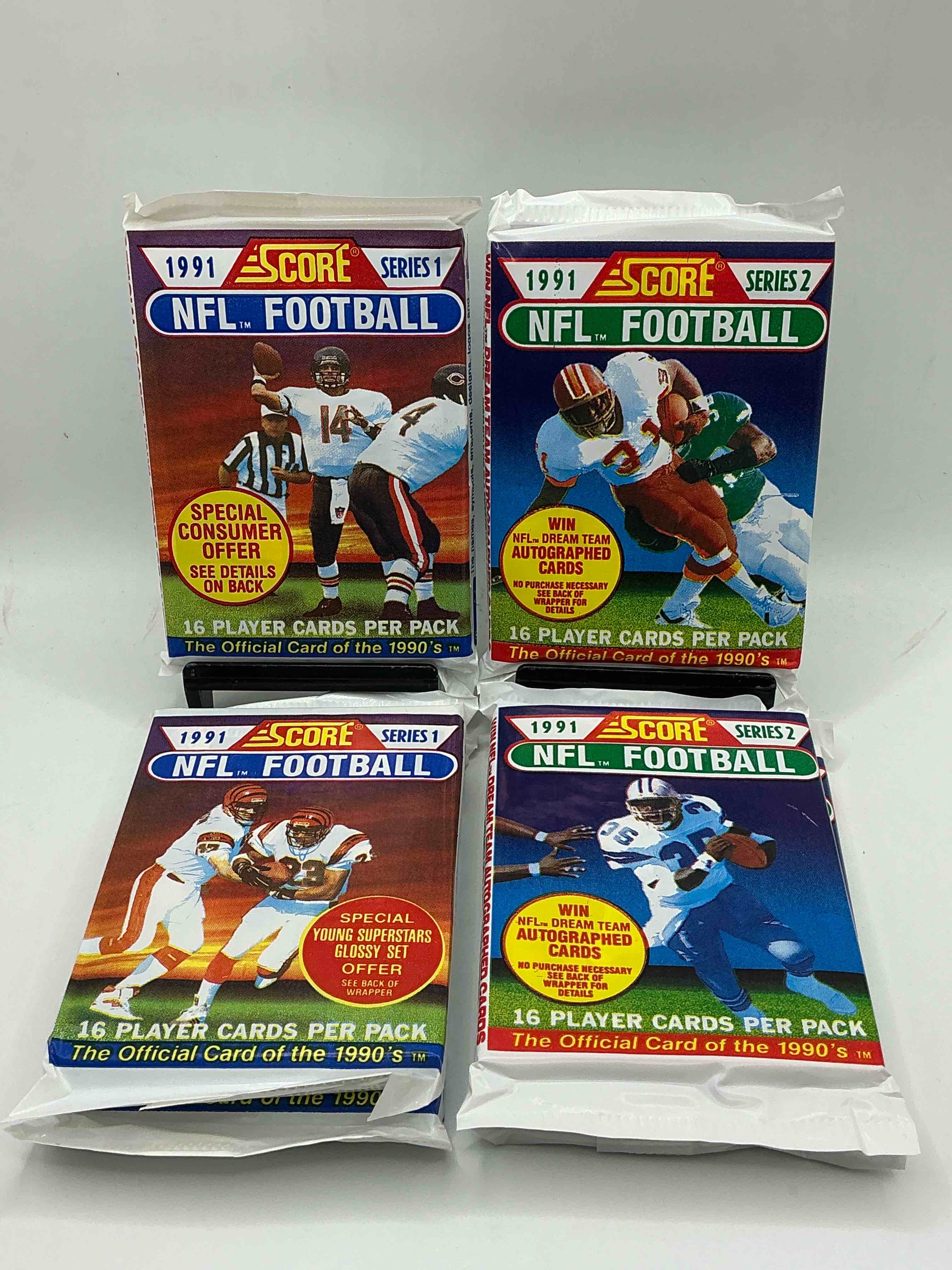 1991 nfl score football sealed card packs series i & ii direct from original retail case! these cards are sought after by collectors for their awesome, nostalgic look. search for brett favre rookie, early jerry rice, early emmit smith, joe montana & so much more!