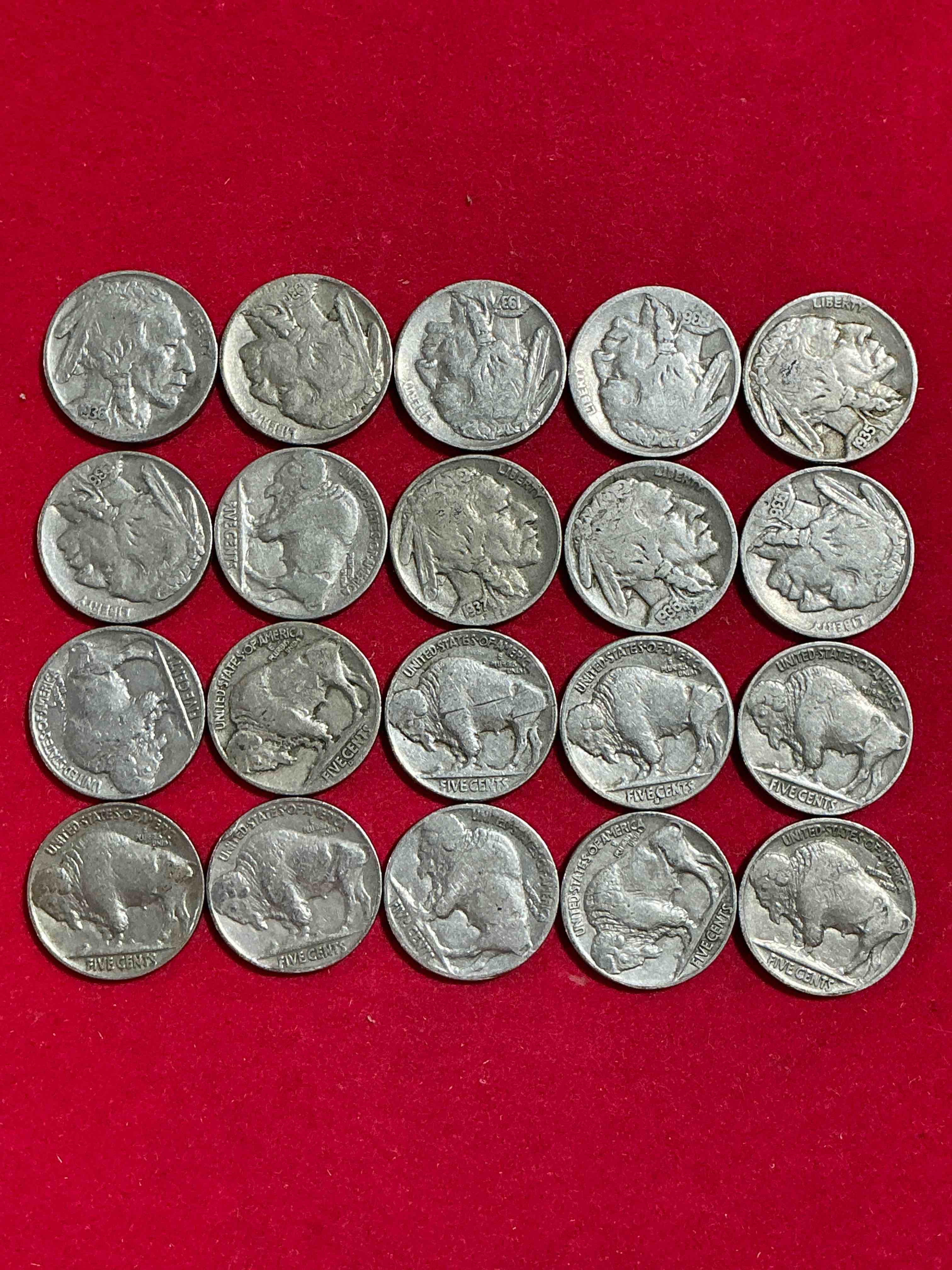 Historic Buffalo Nickels! Indian Head Buffalo Nickels Were Minted From 1913 To 1938 & Have Become A Favorite For Coin Collectors Around The World! Own Pieces Of American History With These Cool Indian Head Buffalo Nickels In Circulated Condition, Most With Visible Dates Which Is Very Rare For Buffalo Nickels!
