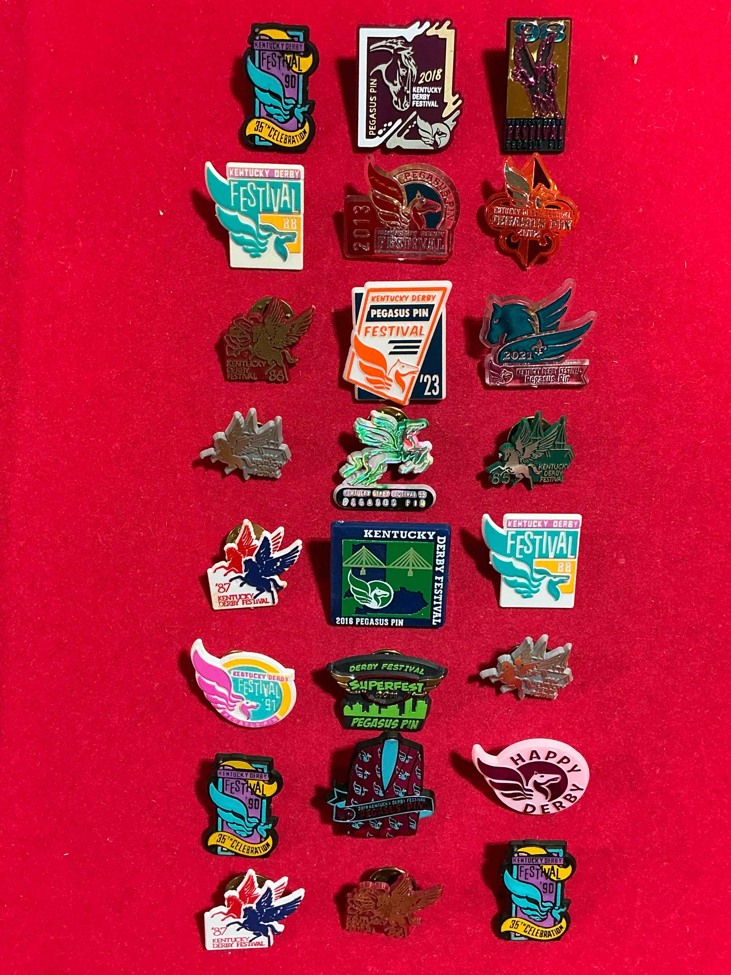 KY Derby Fans WOW!  Beautiful KY Derby Pins Spanning Forty Plus Years Of Different Derby Runnings!  All Have Back Pins & Are In Like New Condition!  Nearly Impossible To Collect!