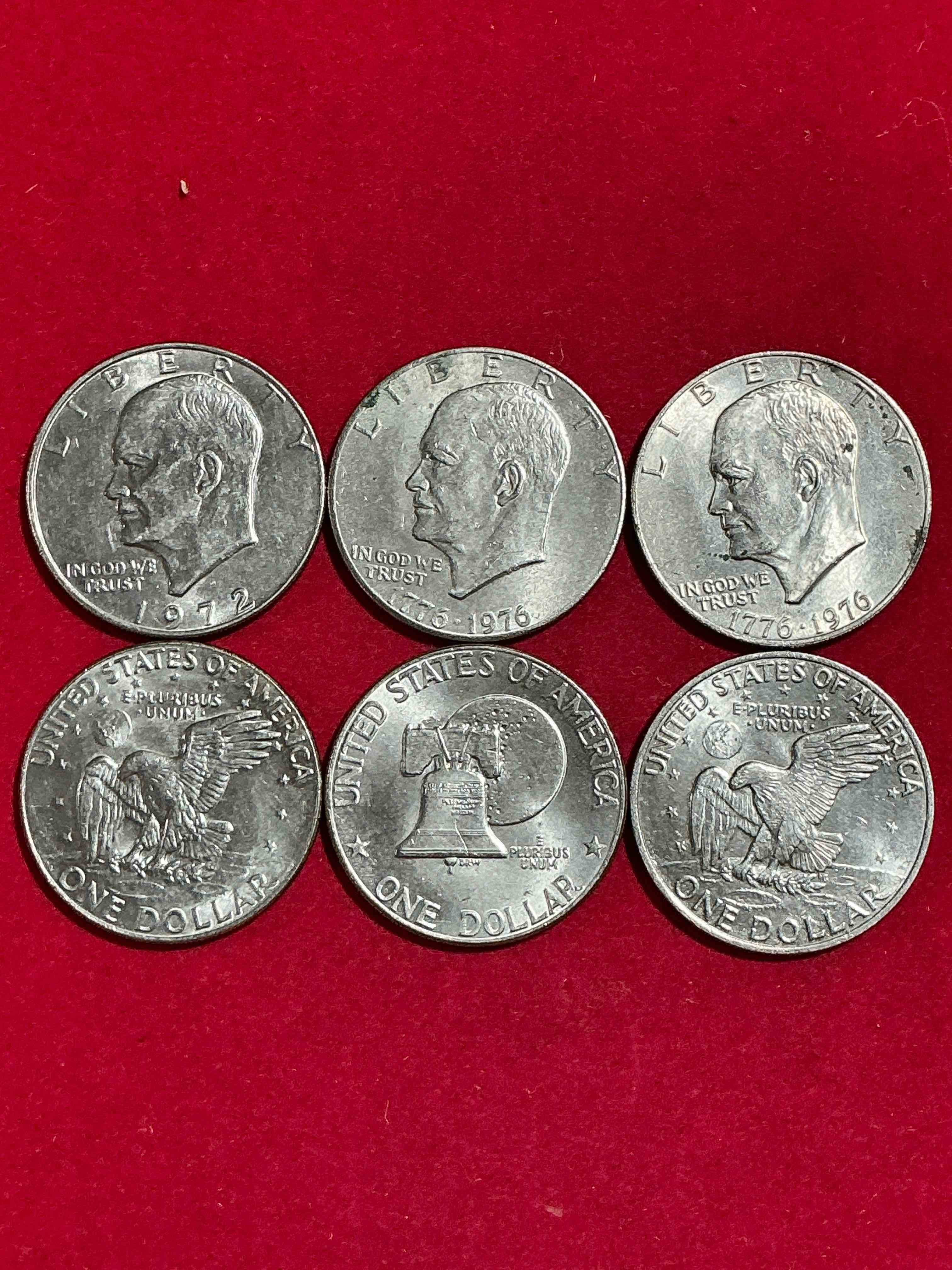 eisenhower dollars! here’s six circulated “ike” dollars! up for auction are ike one dollar coins from different years! 1976! awesome ike dollars!