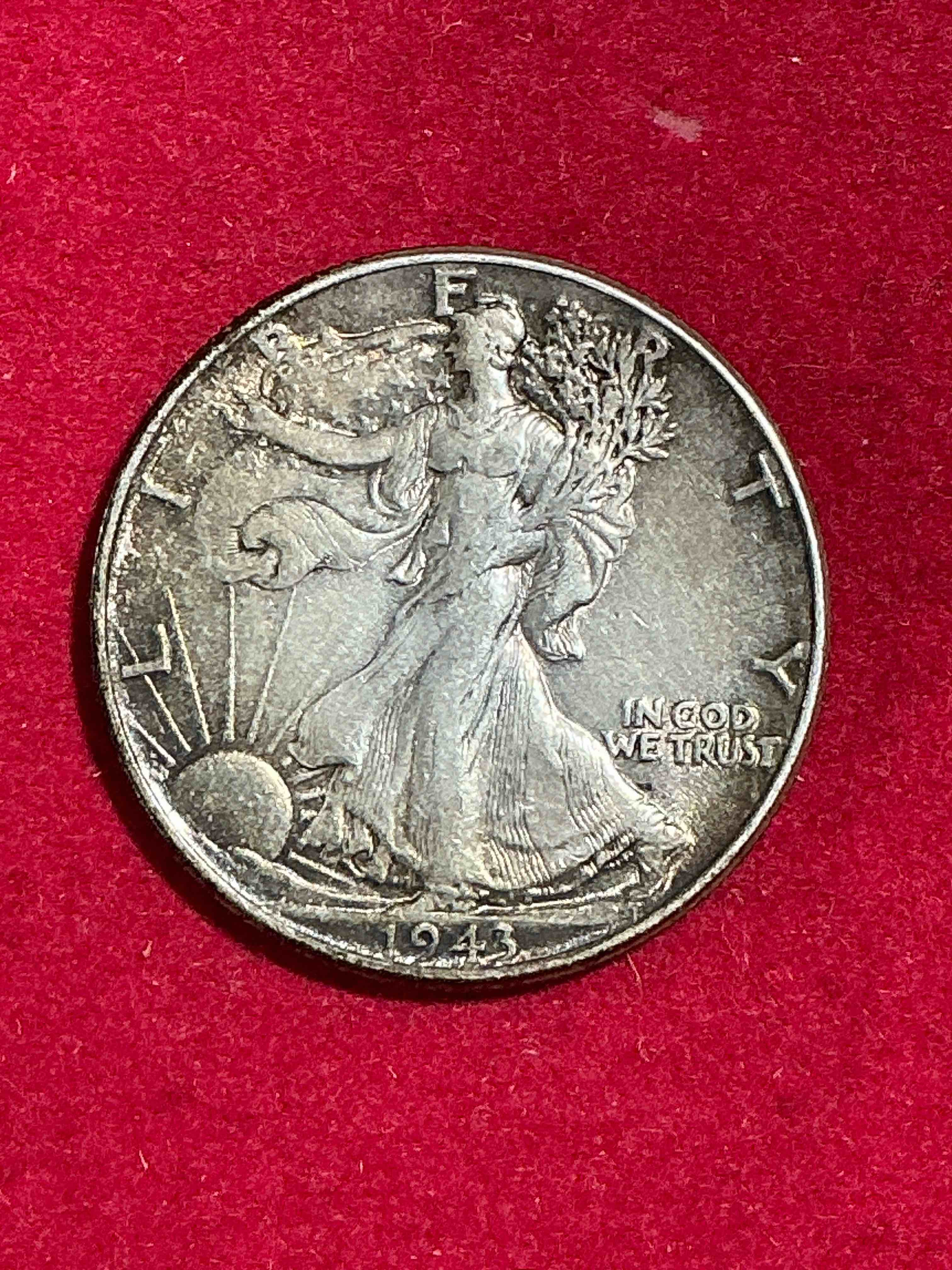 world war ii era silver! antique u.s. silver! liberty walking silver fine u.s. silver half dollar! this striking half dollars were minted from 1916-1947 & have become some of the most collectible coins in history! here is a striking appears uncirculated example from 1943! liberty walking coins are 90% fine u.s. silver, a great investment in precious metal!