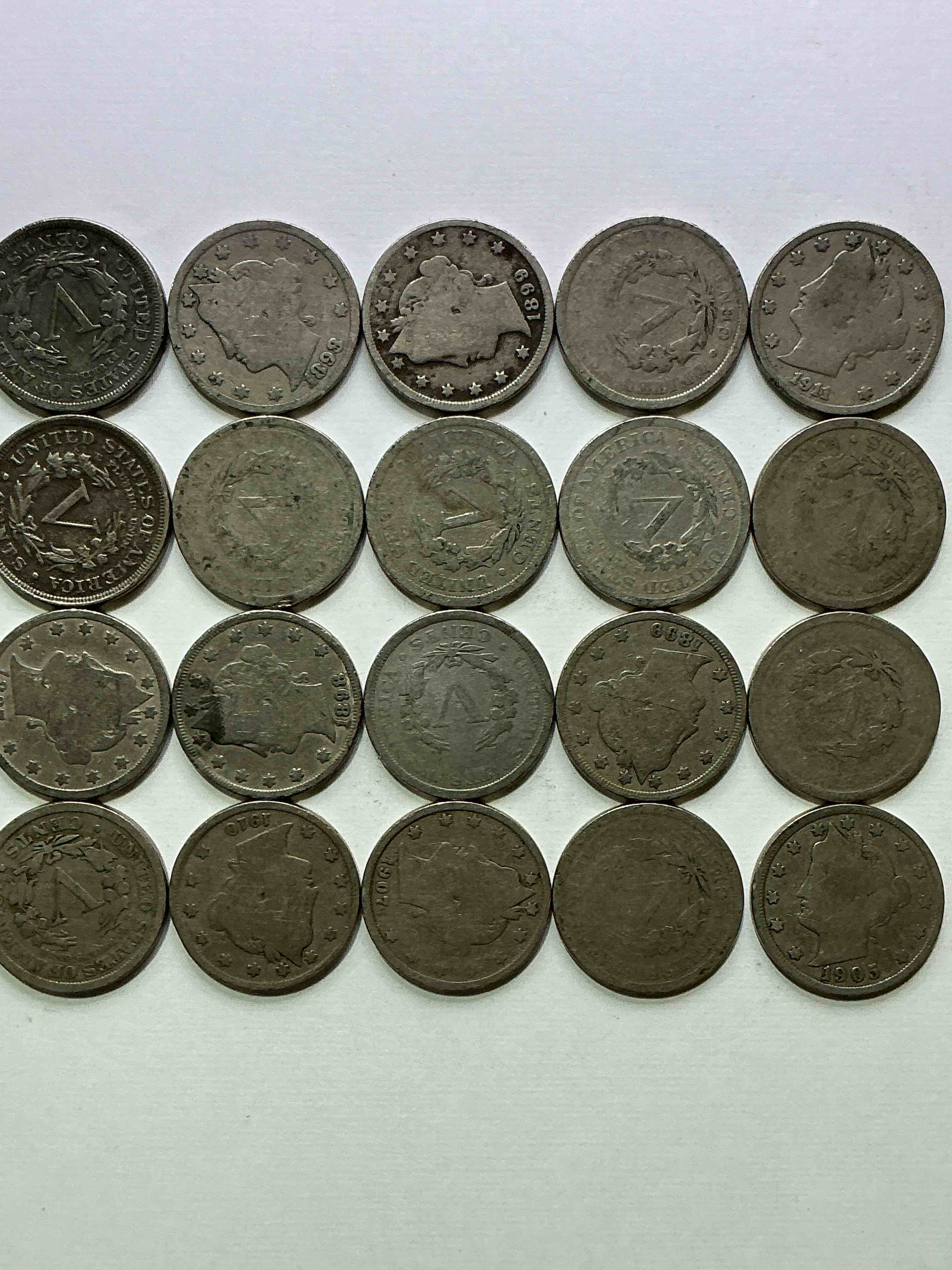 Condition photo showing Good Condition for antique u.s. v nickels! think of the history these coins have seen!, liberty head v nickels were minted up until 1913 & were the style of nickels before buffalo nickels. own some cool pieces of history! rare to see these coins with the "date on" in circulated condition!