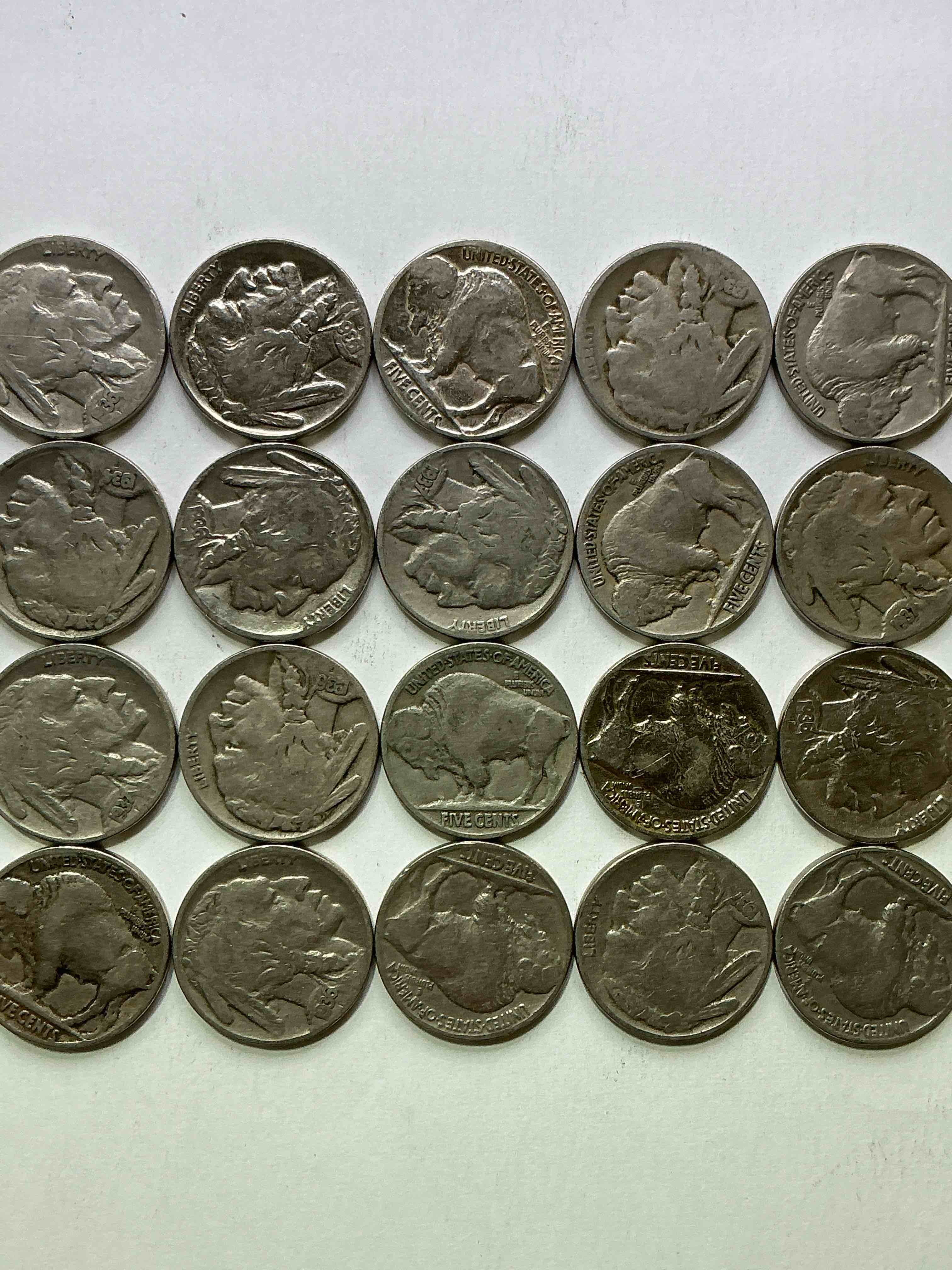 Condition photo showing Good Condition for historic buffalo nickels! indian head buffalo nickels were minted from 1913 to 1938 & have become a favorite for coin collectors around the world! own pieces of american history with these cool indian head buffalo nickels in circulated condition, most with visible dates which is very rare for buffalo nickels!