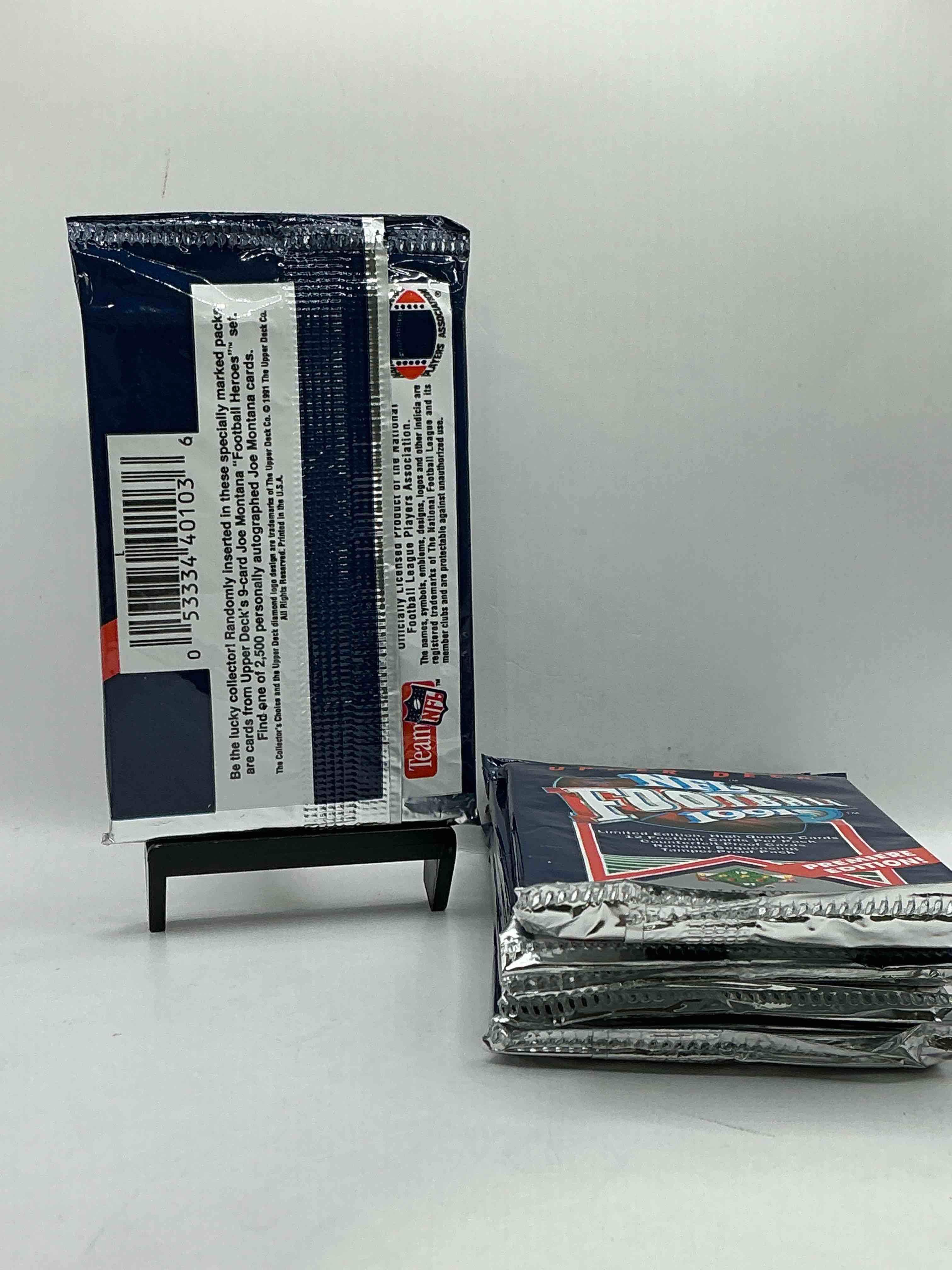 Condition photo showing New/Like New for rare & vintage! 1991 upper deck premier edition unopened nfl football packs! direct from original box! brett favre rookie year! search for brett favre rookie & other 80s stars!