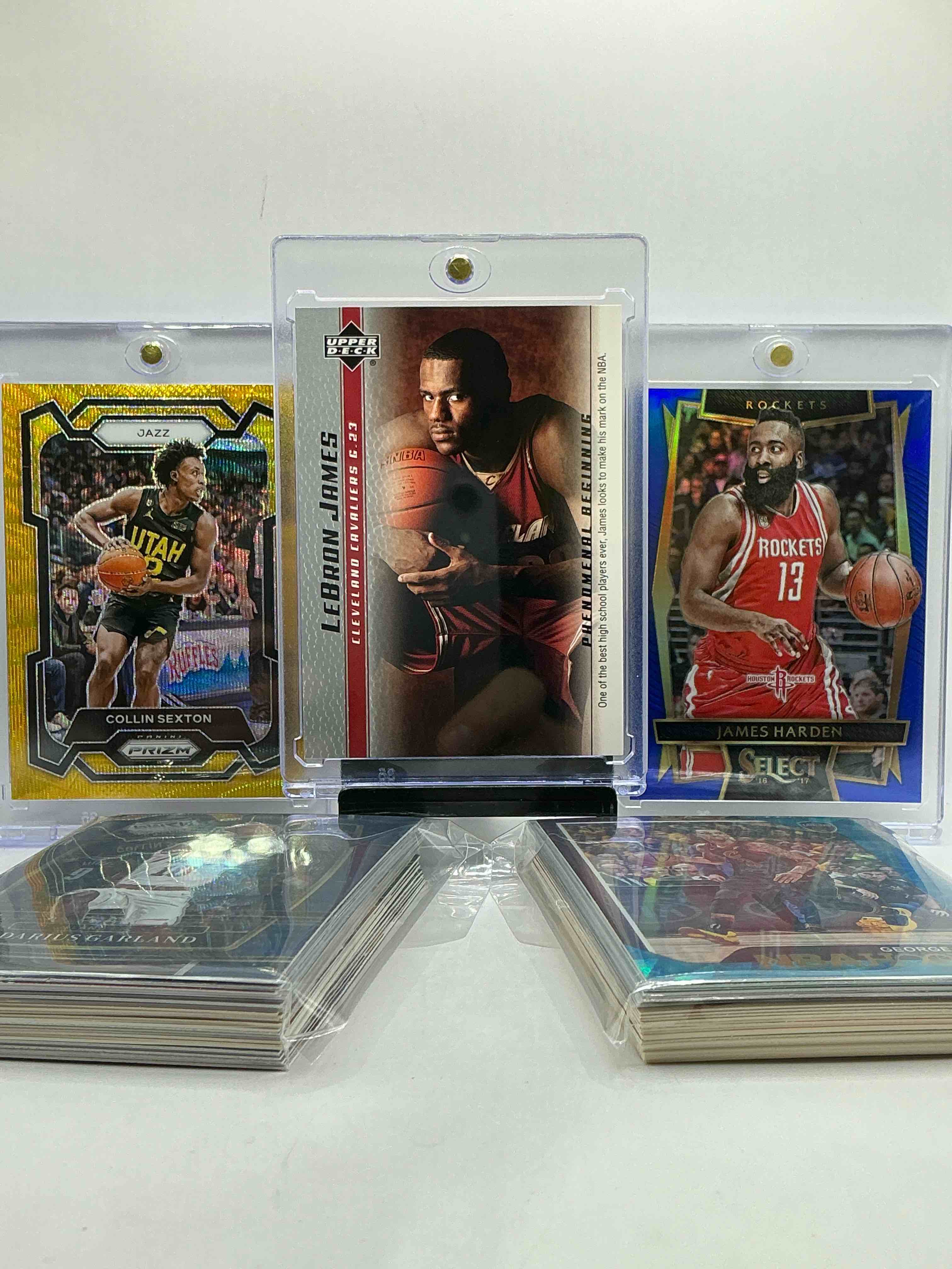 lebron james upper deck rookie card! collin sexton /10 gold prizm & numbered james harden! wow! cavaliers craziness! this 50 card lot includes commons, legends & more! 
