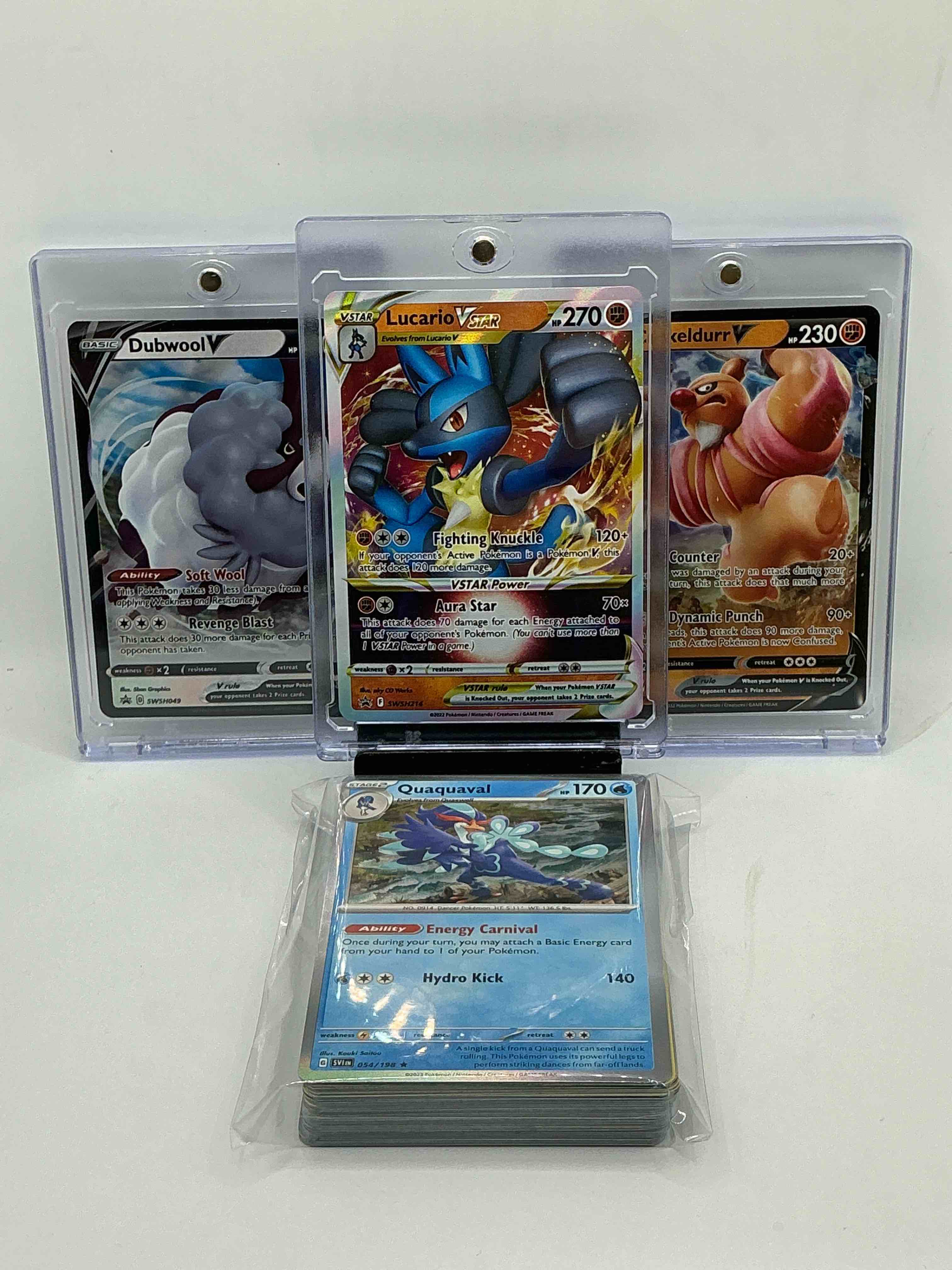 ** bid is per card. ** pokémon party! lucario v star! conkeldurr v! dubwool v! along with 50 other pokémon heroes, holos, legends & commons- including 1 stage two rare holographic, 2 stage one rare holographic, 3 basic rare holographic, 4 common/ uncommon holographics (all stages), 2 stage two non holographic & 2 rares! also includes 36 non holo common/ uncommon basic & first stage cards trainers & energy too! perfect set for collectors & enthusiasts!
