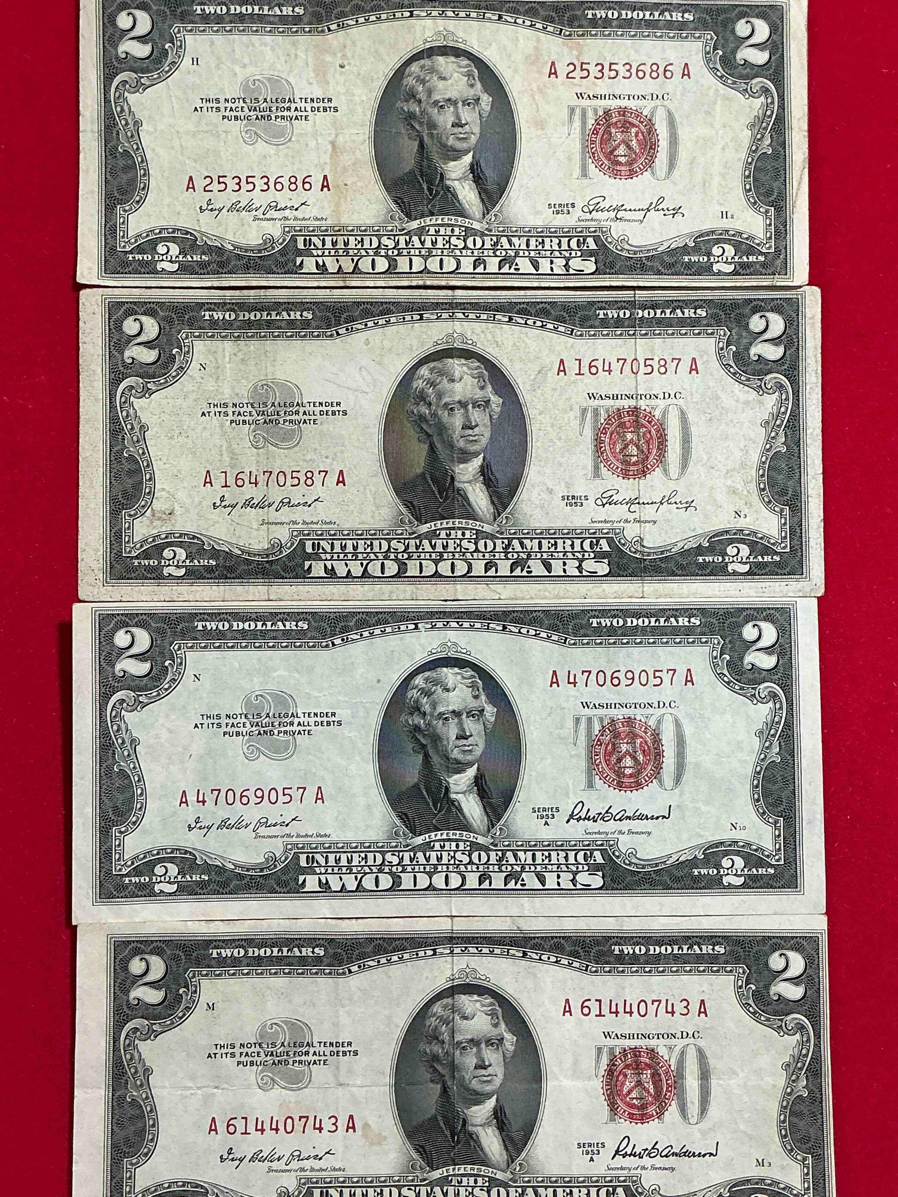 Rare Red Seal Two Dollar Bills! 1953 Edition Paper Money! Check Out These Rare Bills, Perfect Addition To Any Collection!