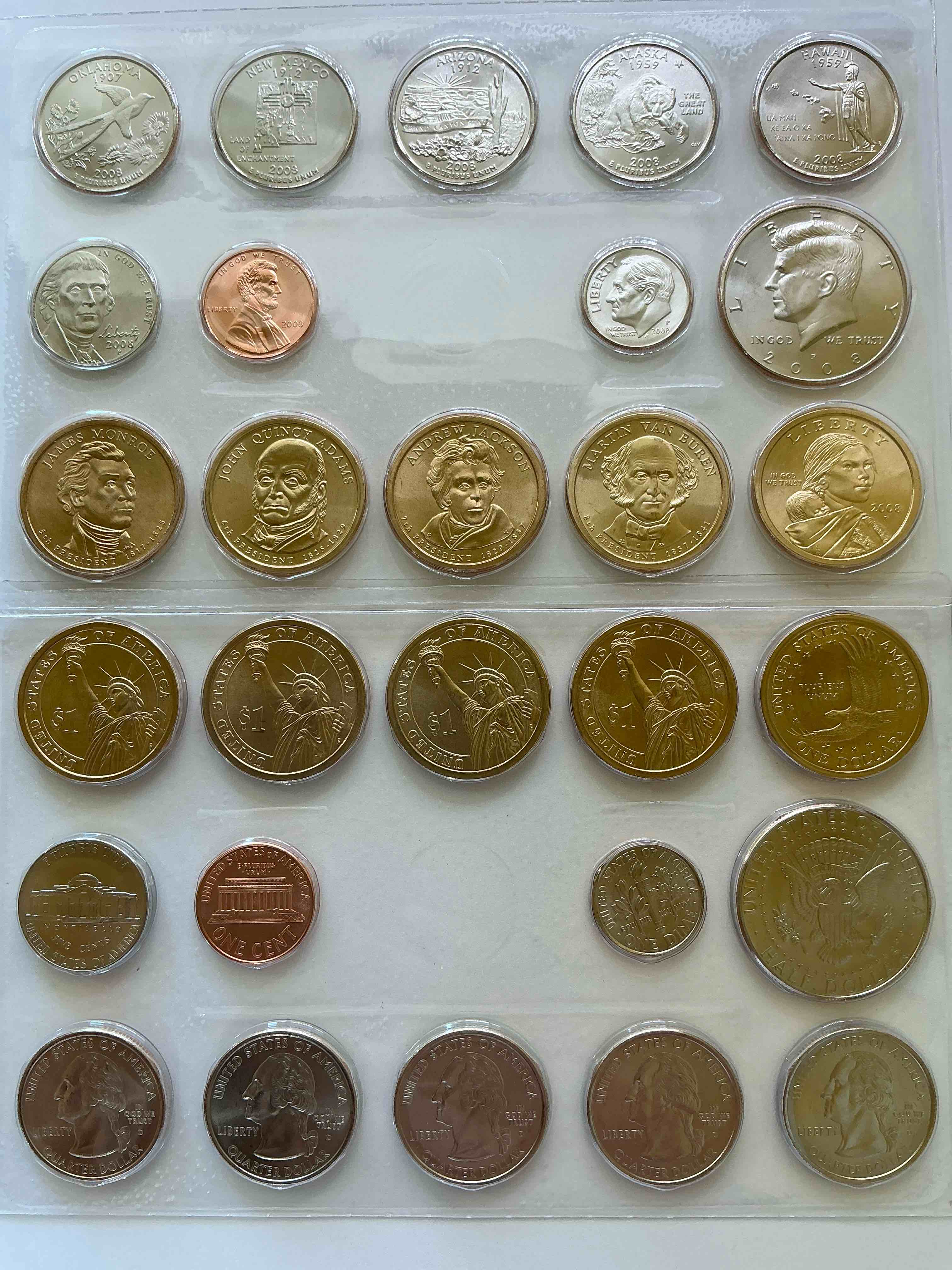 28 coin craziness! denver & philly mints! 2008 uncirculated mint set coins! includes half dollars, president dollar coins, dimes, nickels, pennies & quarters! cool coin collectible! 