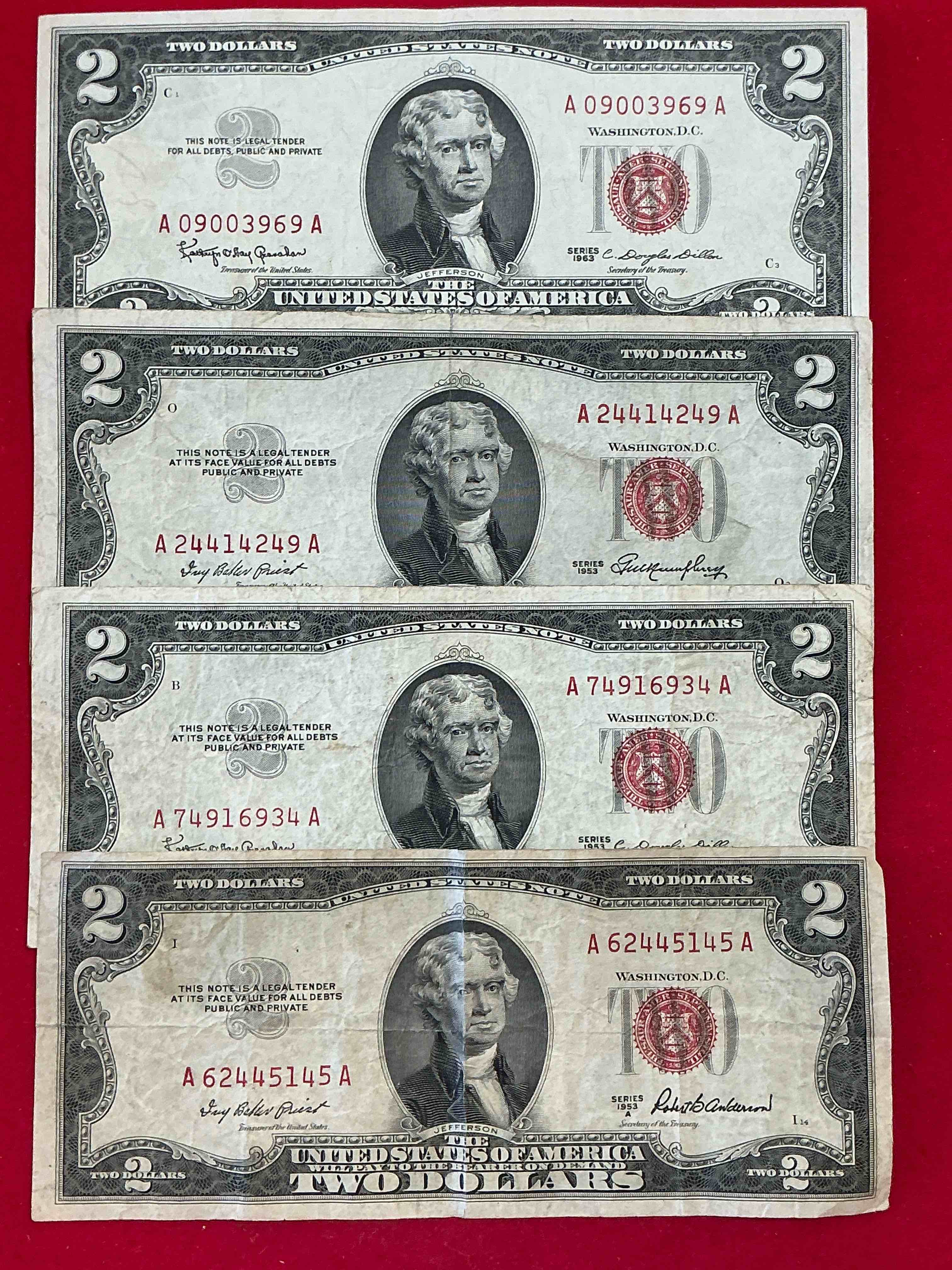 Rare Red Seal Two Dollar Bills! 1953 Edition Paper Money! Check Out These Rare Bills, Perfect Addition To Any Collection!