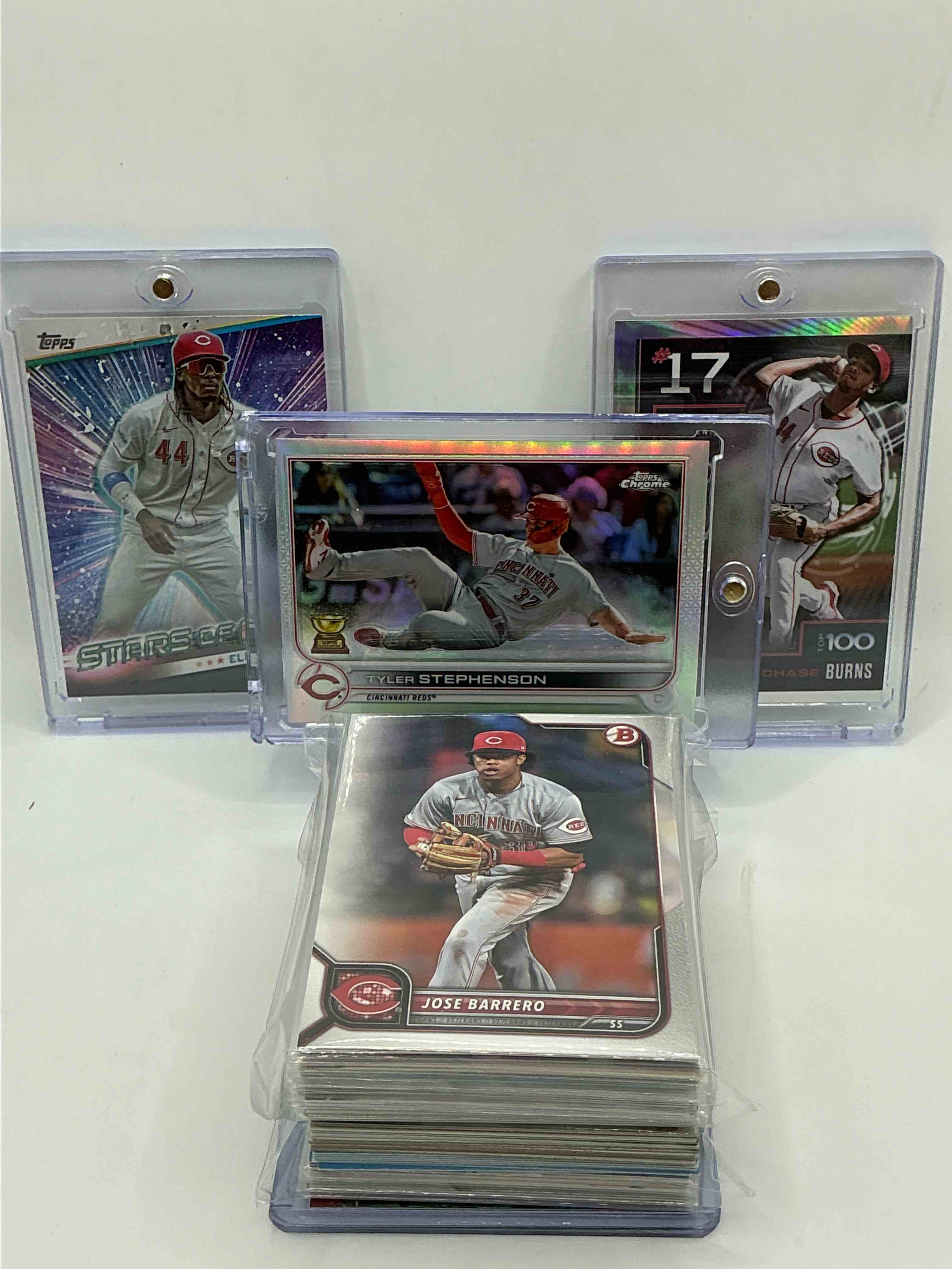 Reds Rambunctiousness! 2024 Topps “Stars Of MLB” Rookie Elly De La Cruz! 2025 Topps Bowman Chrome “#17 Top 100” Silver Prospects Chase Burns! 2022 Topps Chrome All Star Rookie Tyler Stephenson! Along With 50 Other Reds Heroes, Legends, Rookies & Commons!