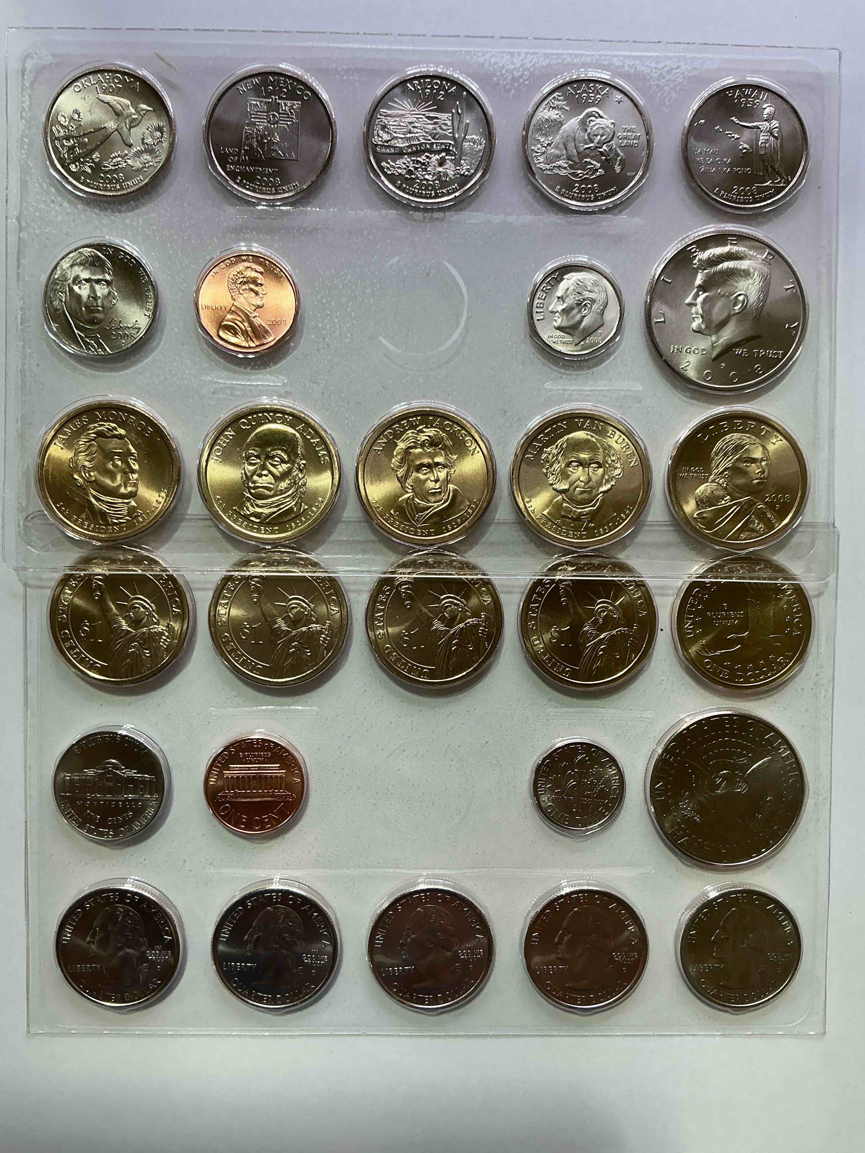 28 coin craziness! denver & philly mints! 2008 uncirculated mint set coins! includes half dollars, president dollar coins, dimes, nickels, pennies & quarters! cool coin collectible! 