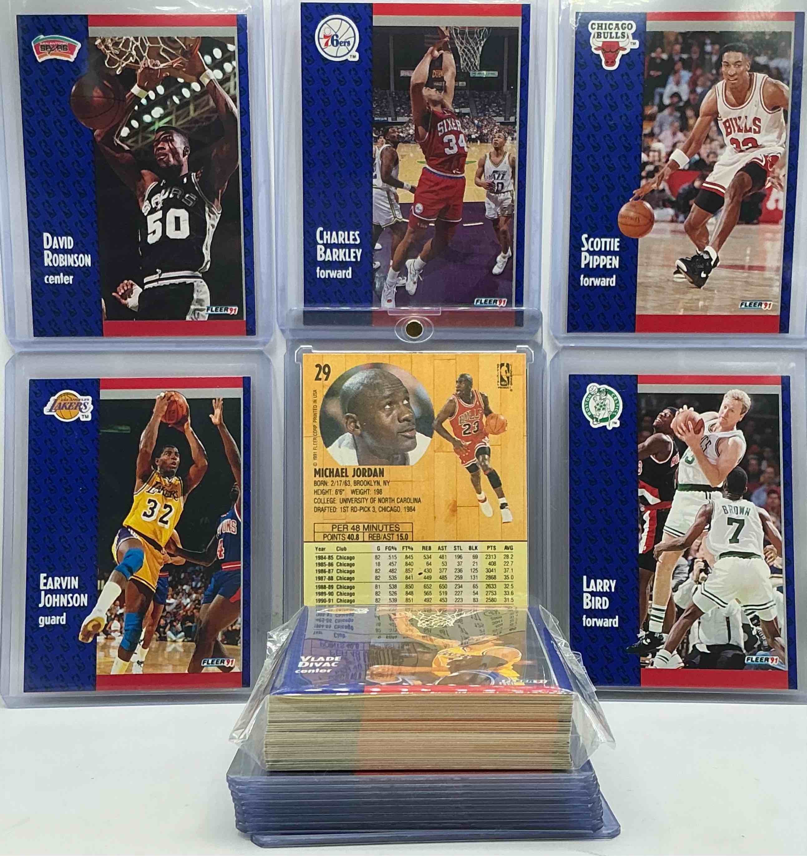 Condition photo showing New/Like New for michael jordan! 1991 fleer 50 card basketball! all stars, league leaders, commons & more! the best cards from the year! michael jordan, larry bird, magic johnson, scottie pippen, david robinson, charles barkley, akeem olajuwon, karl malone, clyde drexler & more! all stars, hall of famers, champions & more, the perfect mix of miscellaneous '91 nba variety!