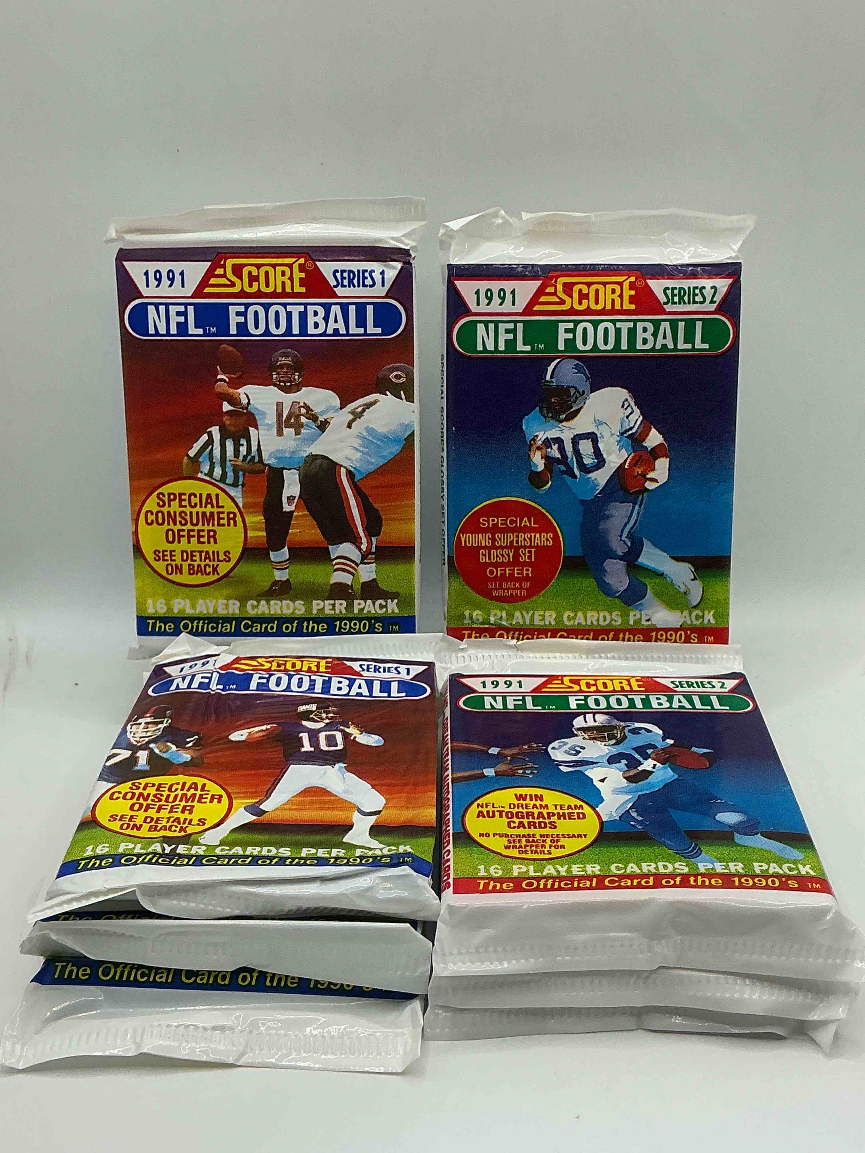 1991 nfl score football sealed card packs series i & ii direct from original retail case! these cards are sought after by collectors for their awesome, nostalgic look. search for brett favre rookie, early jerry rice, early emmit smith, joe montana & so much more!