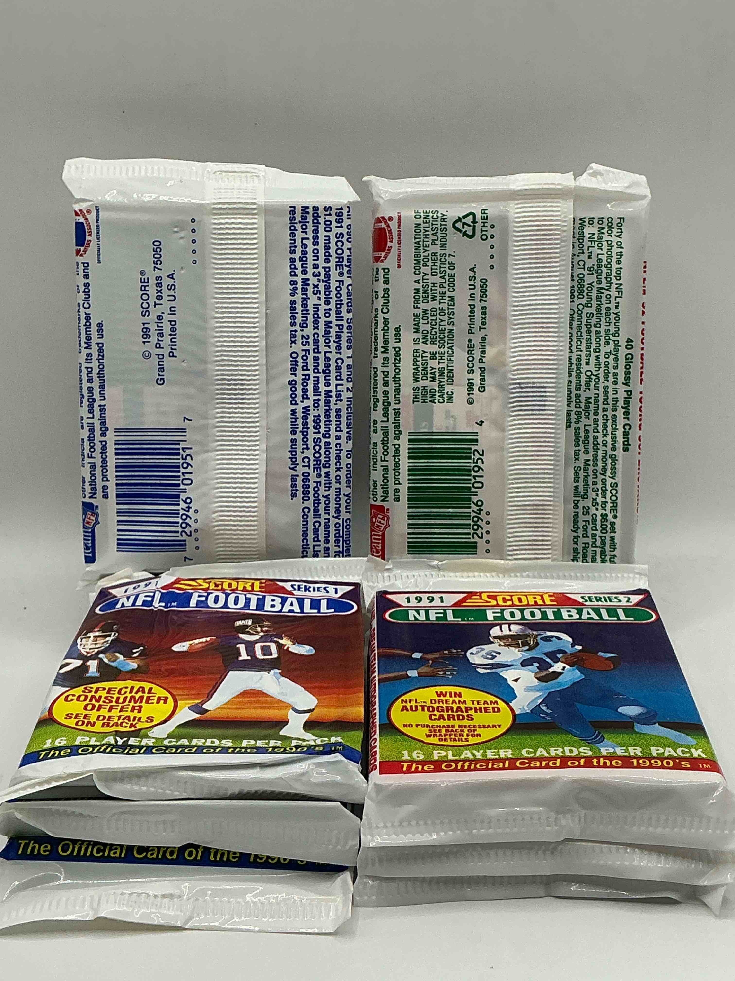 Condition photo showing New/Like New for 1991 nfl score football sealed card packs series i & ii direct from original retail case! these cards are sought after by collectors for their awesome, nostalgic look. search for brett favre rookie, early jerry rice, early emmit smith, joe montana & so much more!