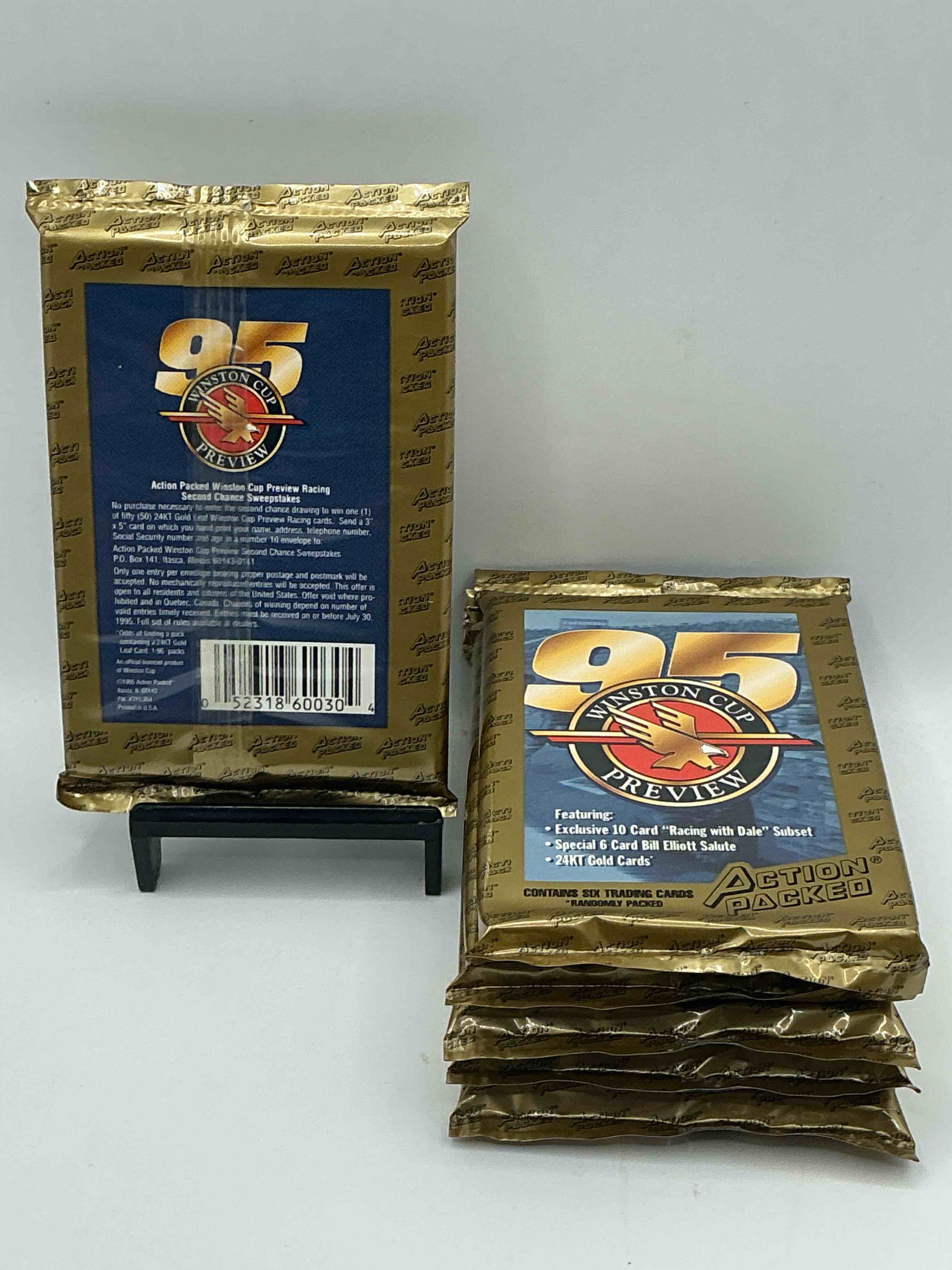 Condition photo showing New/Like New for nascar craziness! 1995 action packed winston cup preview card packs! search for dale sr subsets & a special 6 card bill elliot salute! all the best in nascar from the 90’s!