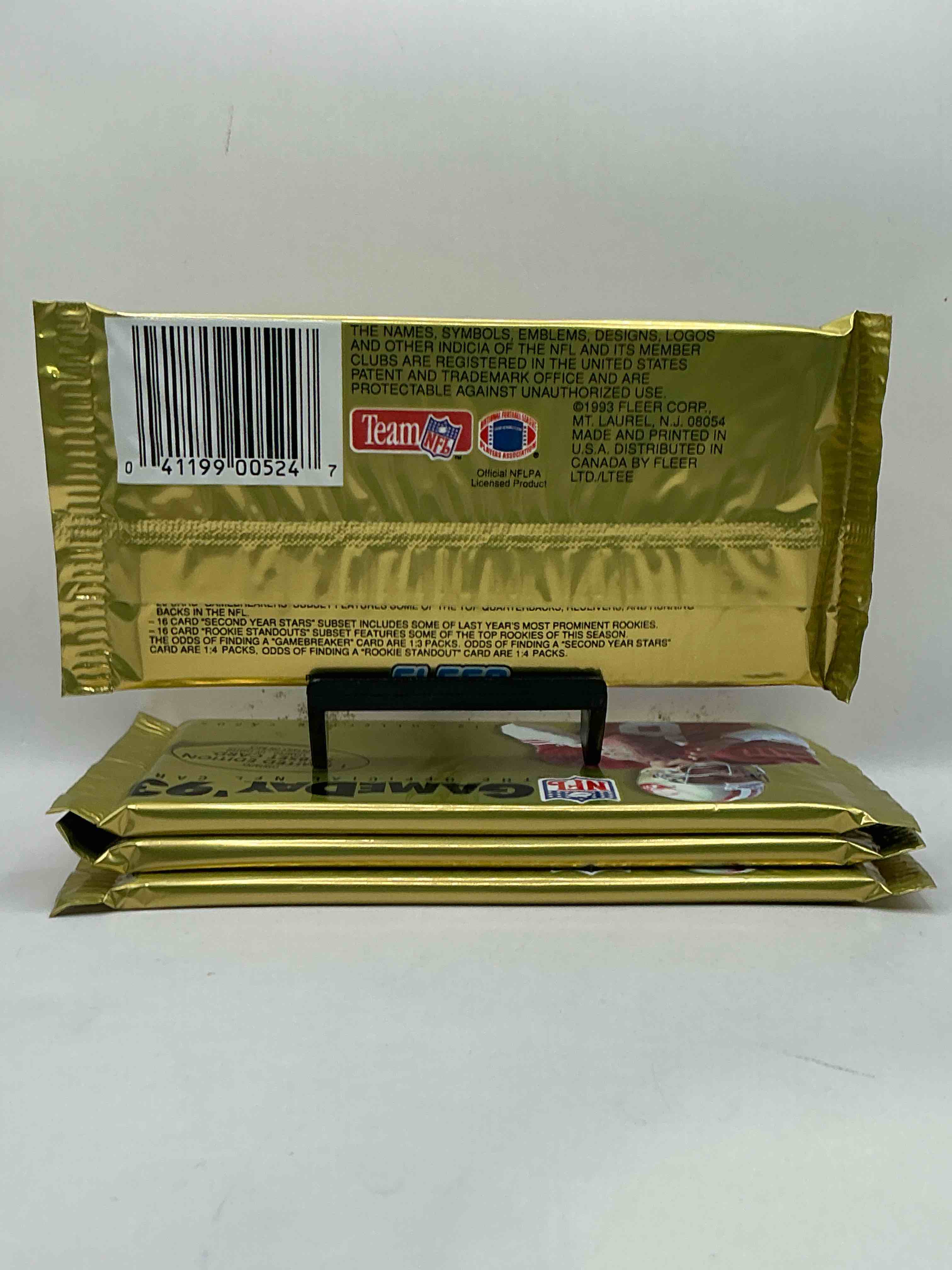 Condition photo showing New/Like New for 1993 oversized gameday fleer unopened packs, direct from box! search for brett favre, barry sanders & more! also search for 1 limited edition subset card! awesome piece of football history!