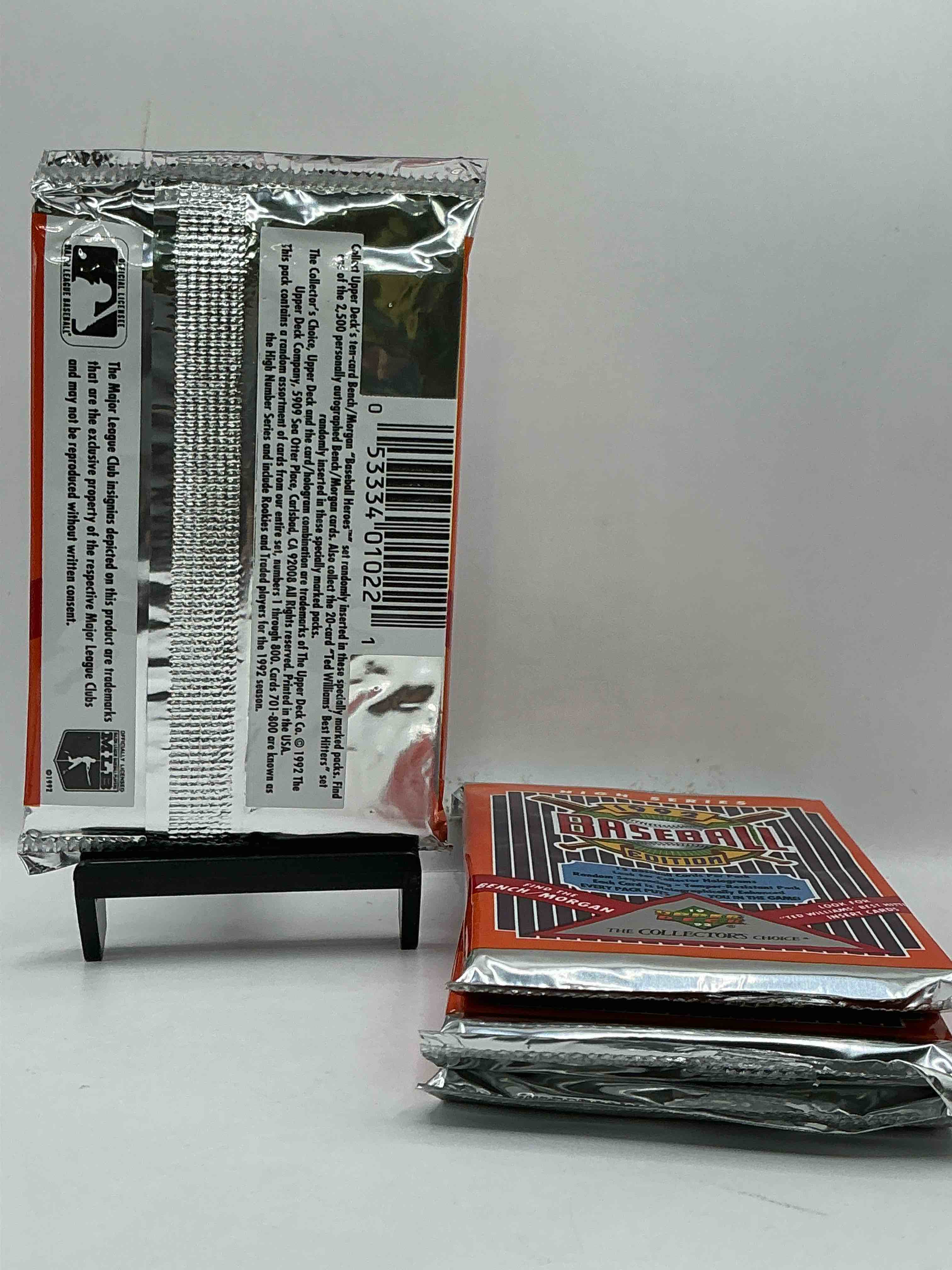 Condition photo showing New/Like New for high series! 1992 upper deck high series baseball sealed sports & collectible card pack, direct from original sealed retail case! search for ultra rare & valuable ted williams & johnny bench signed insert cards as well as deion sanders, ken griffey jr., nolan ryan & so much more!