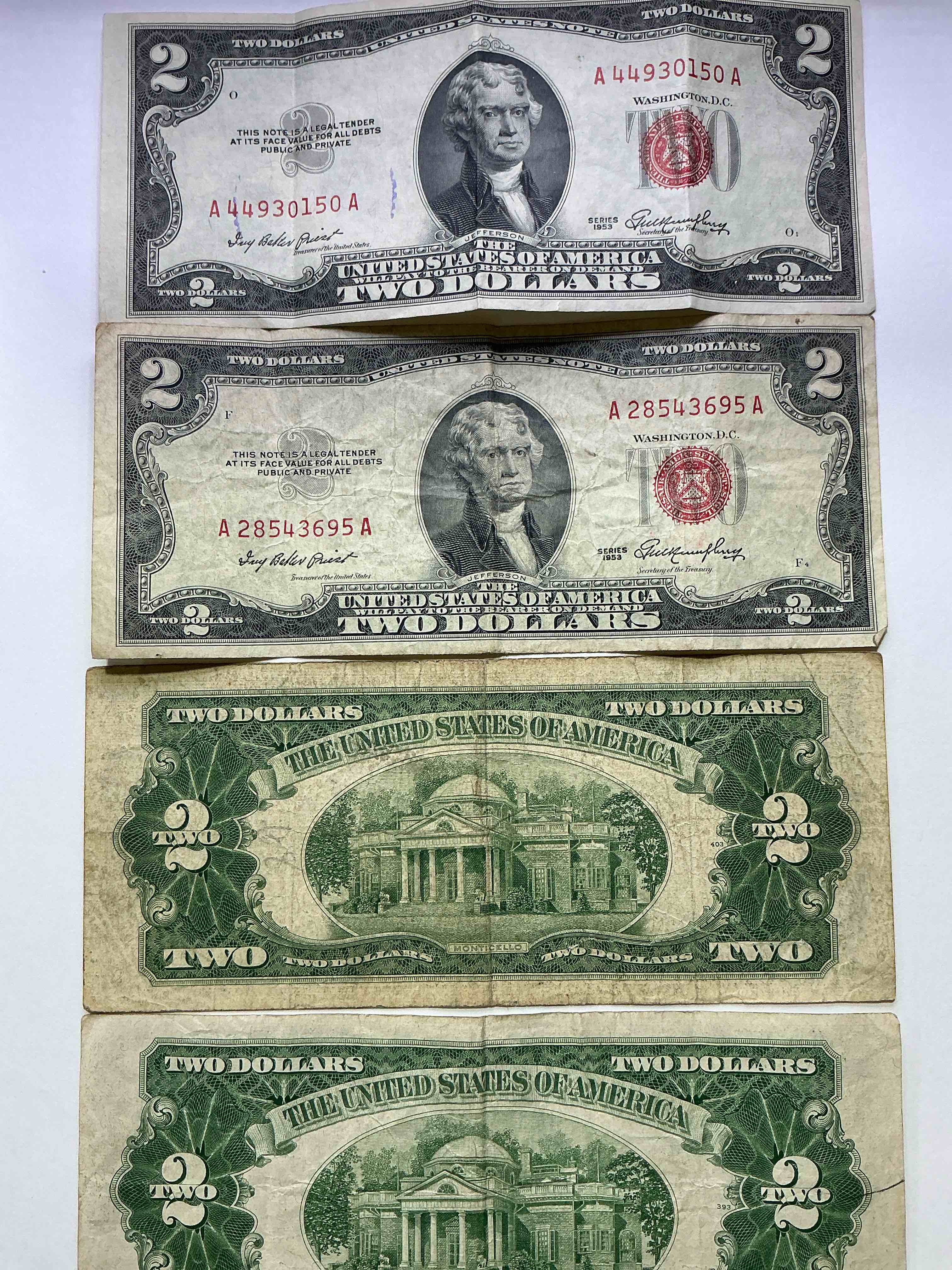 Rare Red Seal Two Dollar Bills! 1953 Edition Paper Money! Check Out These Rare Bills, Perfect Addition To Any Collection!