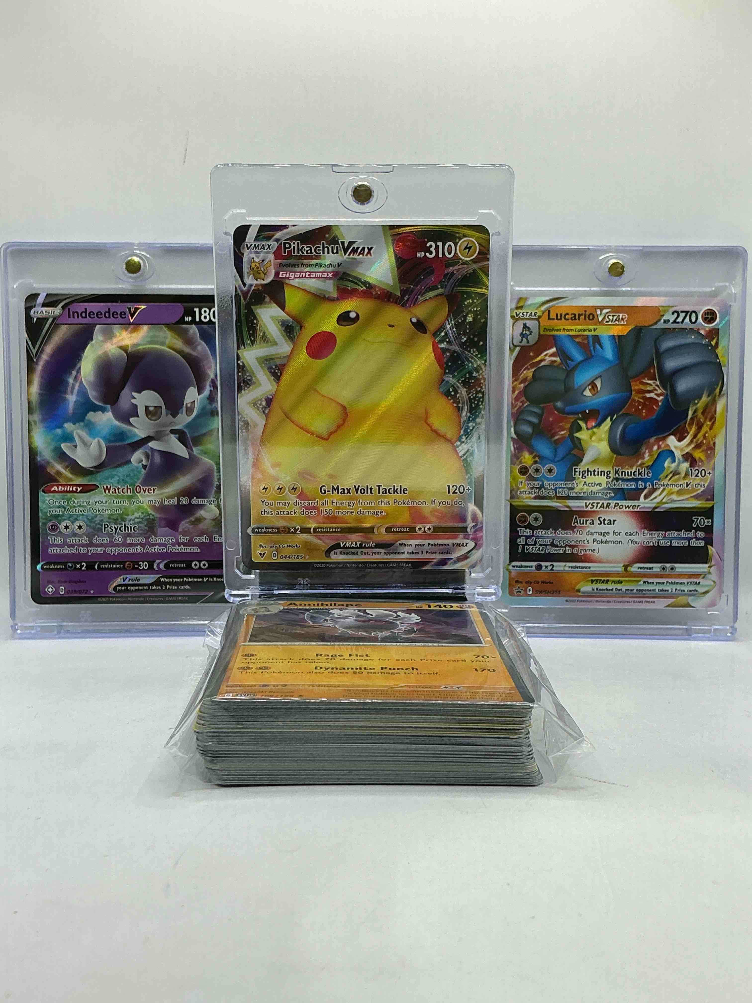 Pikachu VMAX Holo, Lucario VSTAR Holo, Indeedee Holo & More! WOW! Pokémon! Along With 50 Other Pokémon Heroes, Holos, Legends & Commons- Including 1 Stage Two Rare Holographic, 2 Stage One Rare Holographic, 3 Basic Rare Holographic, 4 Common/ Uncommon Holographics (All Stages), 2 Stage Two Non Holographic & 2 Rares! Also Includes 36 Non Holo Common/ Uncommon Basic & First Stage Cards Trainers & Energy Too! Perfect Set For Collectors & Enthusiasts!