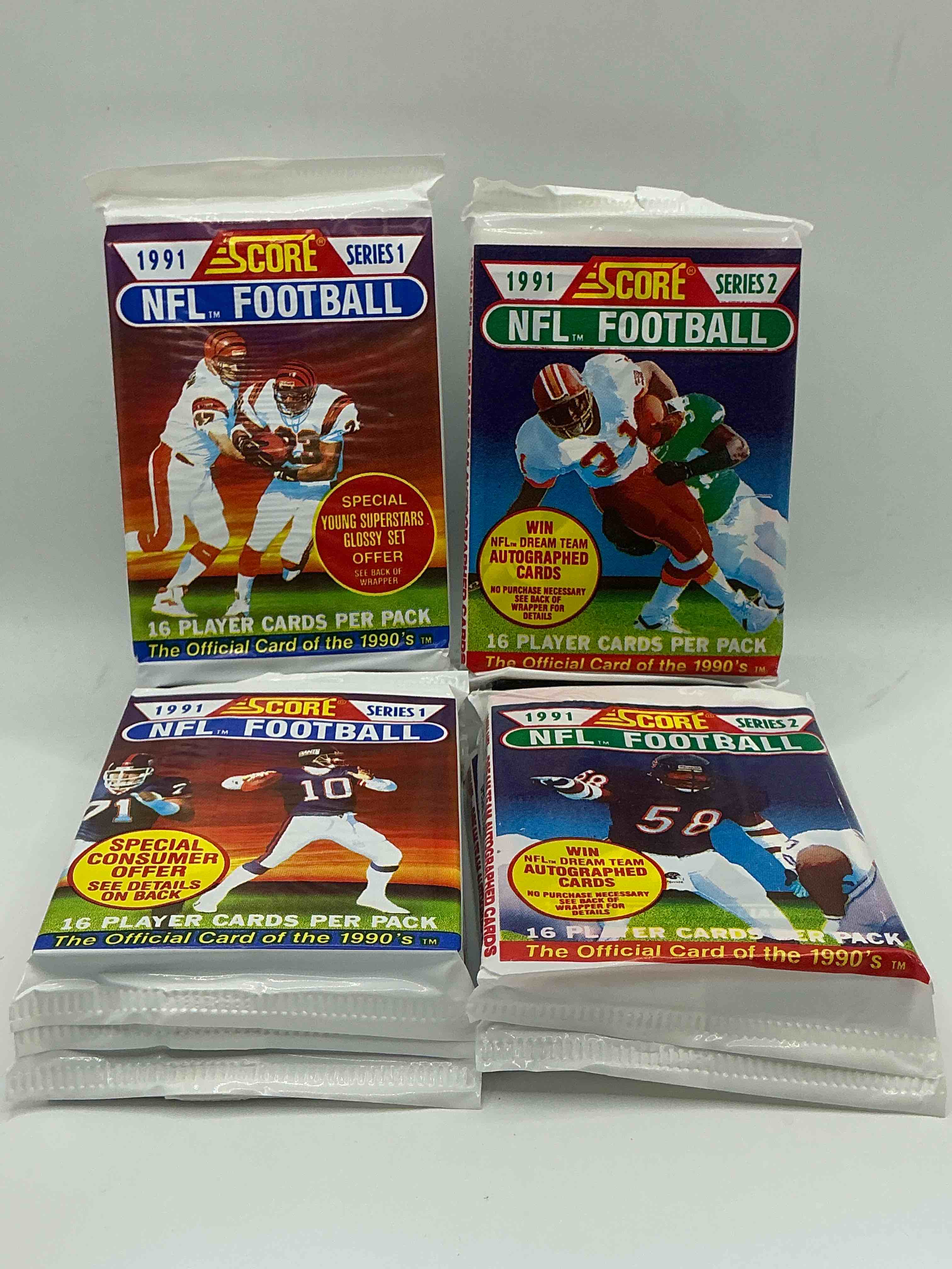 1991 nfl score football sealed card packs series i & ii direct from original retail case! these cards are sought after by collectors for their awesome, nostalgic look. search for brett favre rookie, early jerry rice, early emmit smith, joe montana & so much more!