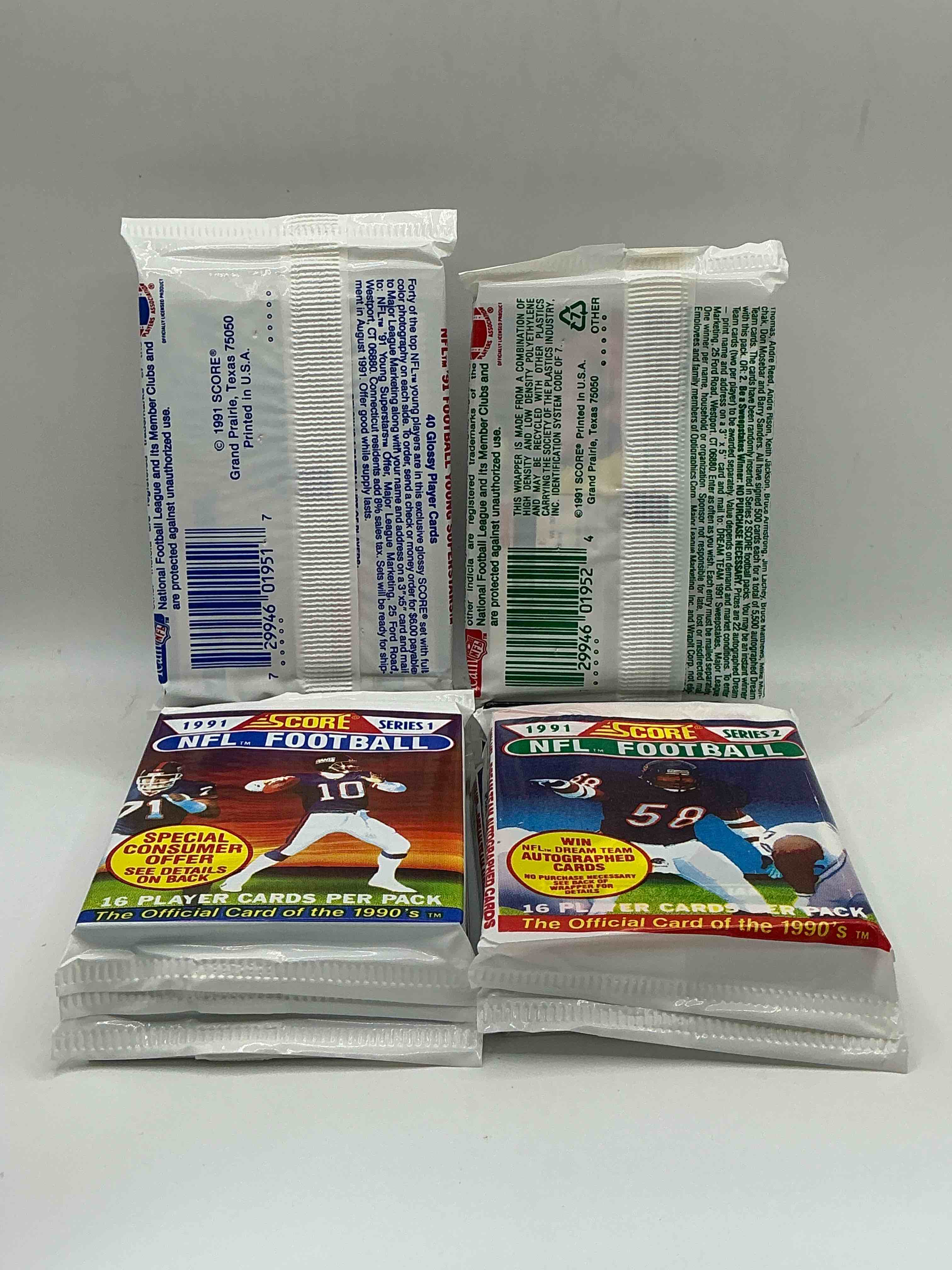 Condition photo showing New/Like New for 1991 nfl score football sealed card packs series i & ii direct from original retail case! these cards are sought after by collectors for their awesome, nostalgic look. search for brett favre rookie, early jerry rice, early emmit smith, joe montana & so much more!
