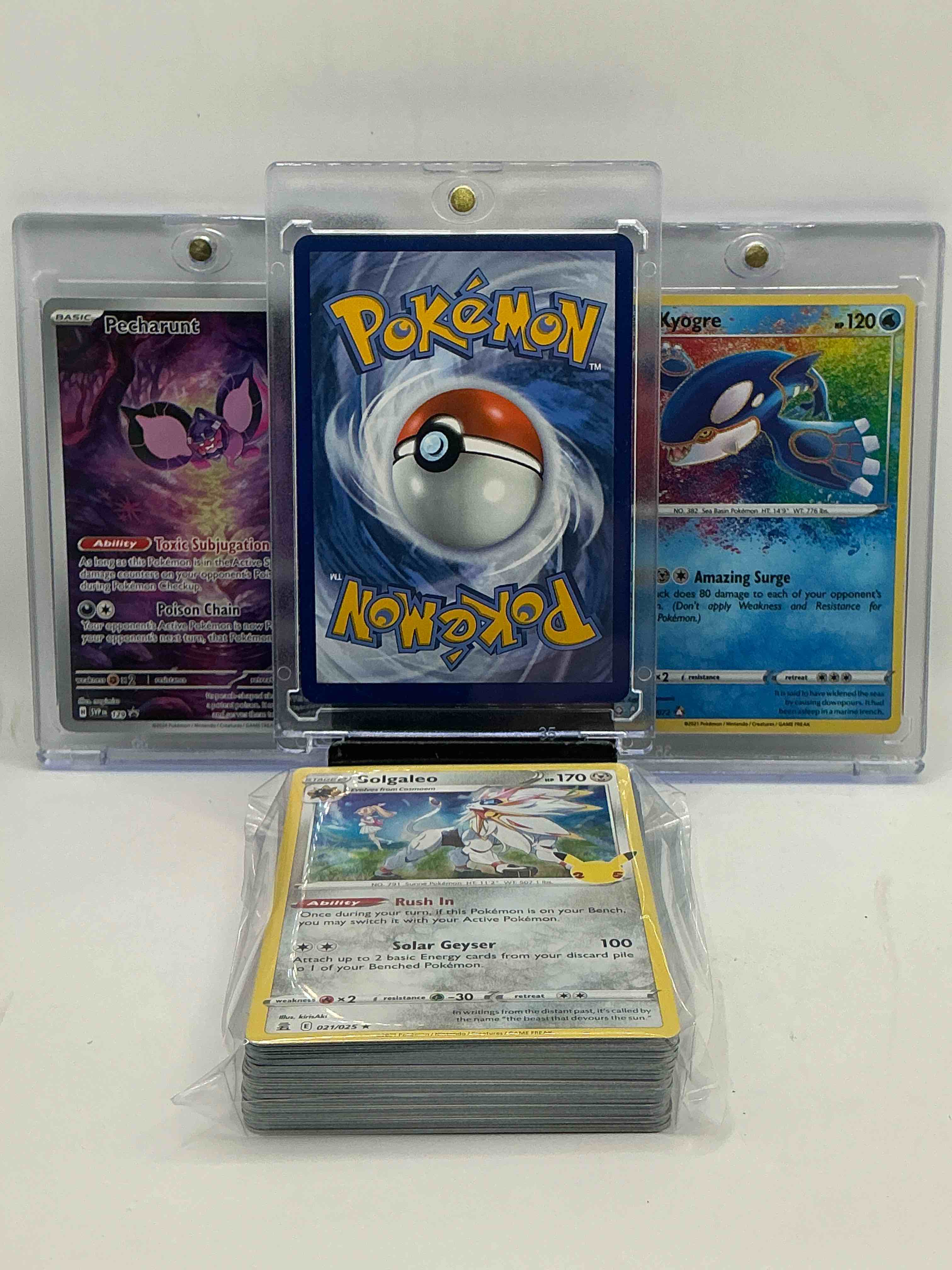 Condition photo showing New/Like New for pokémon palooza! lucario! kyogre! pecharunt! along with 50 other pokémon heroes, holos, legends & commons- including 1 stage two rare holographic, 2 stage one rare holographic, 3 basic rare holographic, 4 common/ uncommon holographics (all stages), 2 stage two non holographic & 2 rares! also includes 36 non holo common/ uncommon basic & first stage cards trainers & energy too! perfect set for collectors & enthusiasts!