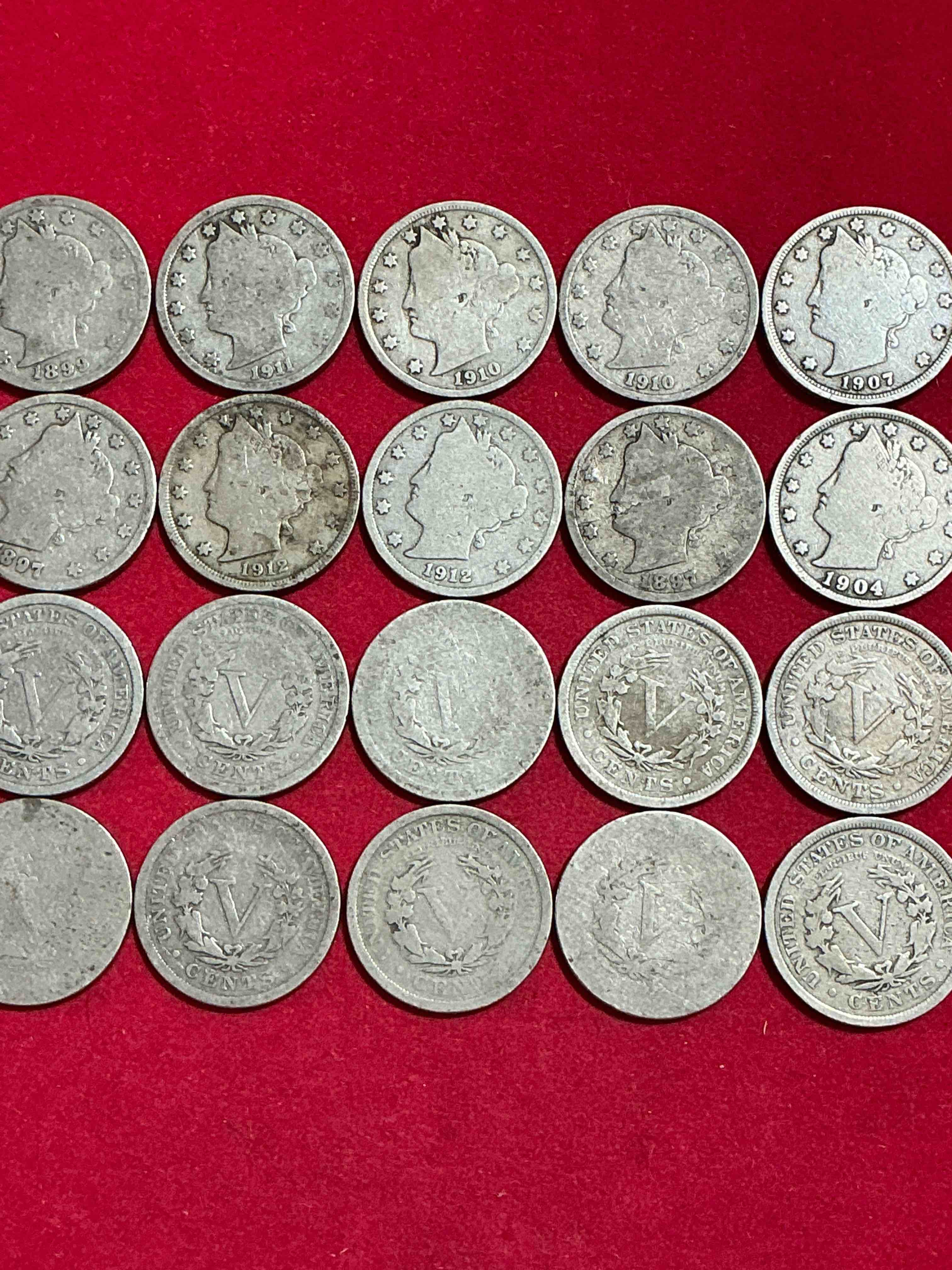Condition photo showing Good Condition for antique u.s. v nickels! think of the history these coins have seen!, liberty head v nickels were minted up until 1913 & were the style of nickels before buffalo nickels. own some cool pieces of history! rare to see these coins with the "date on" in circulated condition!