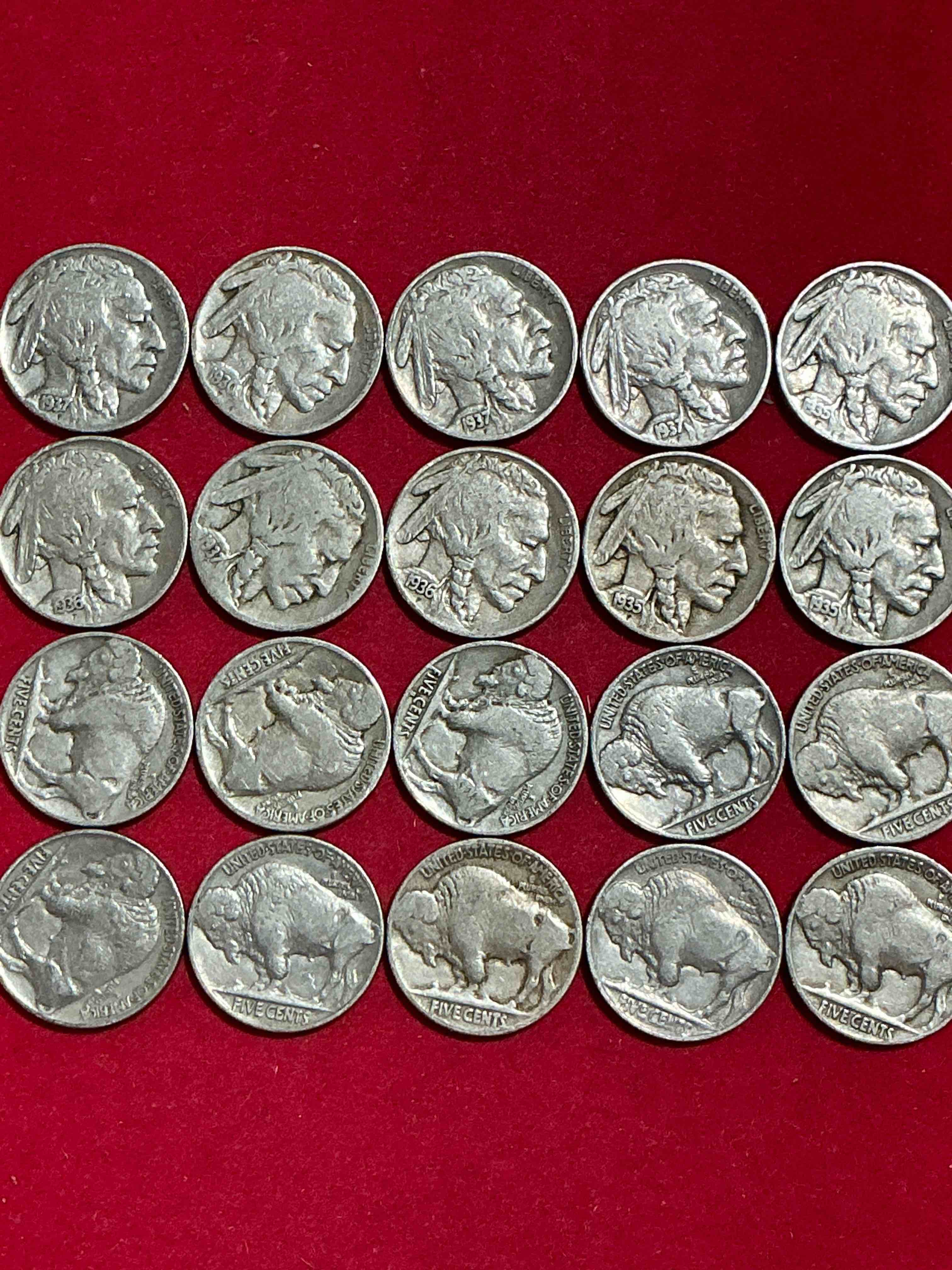 Condition photo showing Good Condition for historic buffalo nickels! indian head buffalo nickels were minted from 1913 to 1938 & have become a favorite for coin collectors around the world! own pieces of american history with these cool indian head buffalo nickels in circulated condition, most with visible dates which is very rare for buffalo nickels!