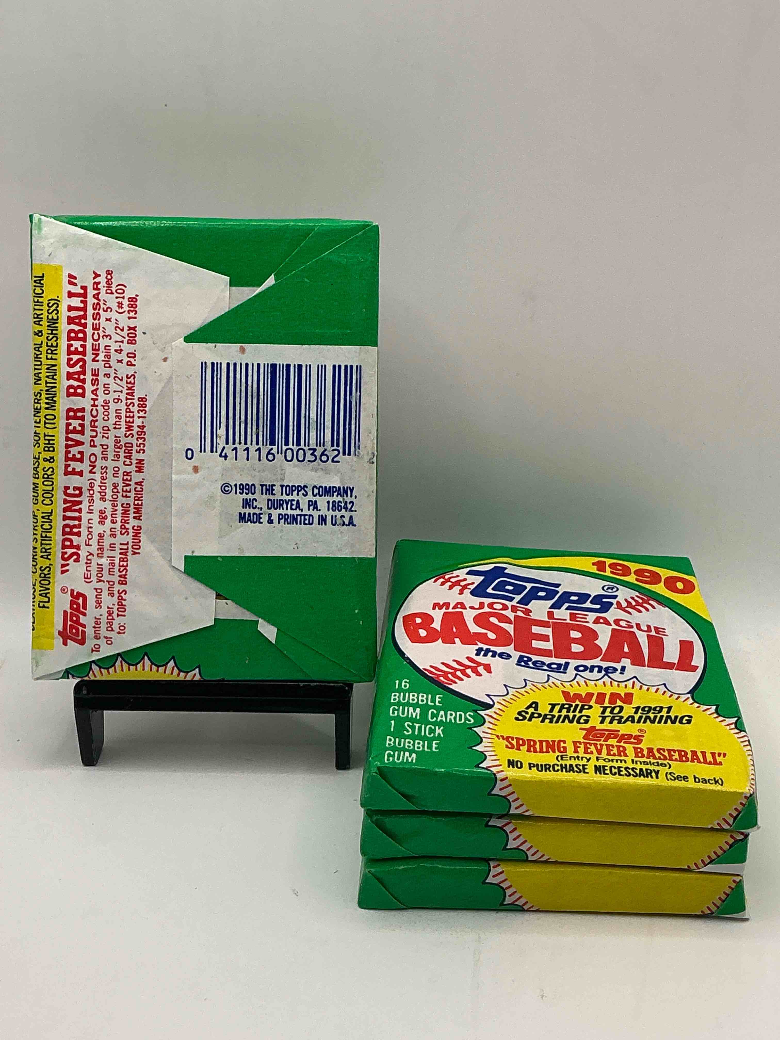 Condition photo showing New/Like New for possible ken griffey jr rookie card! 1990 topps baseball unopened sports card wax pack, direct from original retail case! search for card collectibles like "the big hurt" frank thomas valuable rookie & error cards (error cards valued at $1,000 and up!), & early ken griffey jr. all star rookie card #336 (psa 10 value $350+) & so much more!