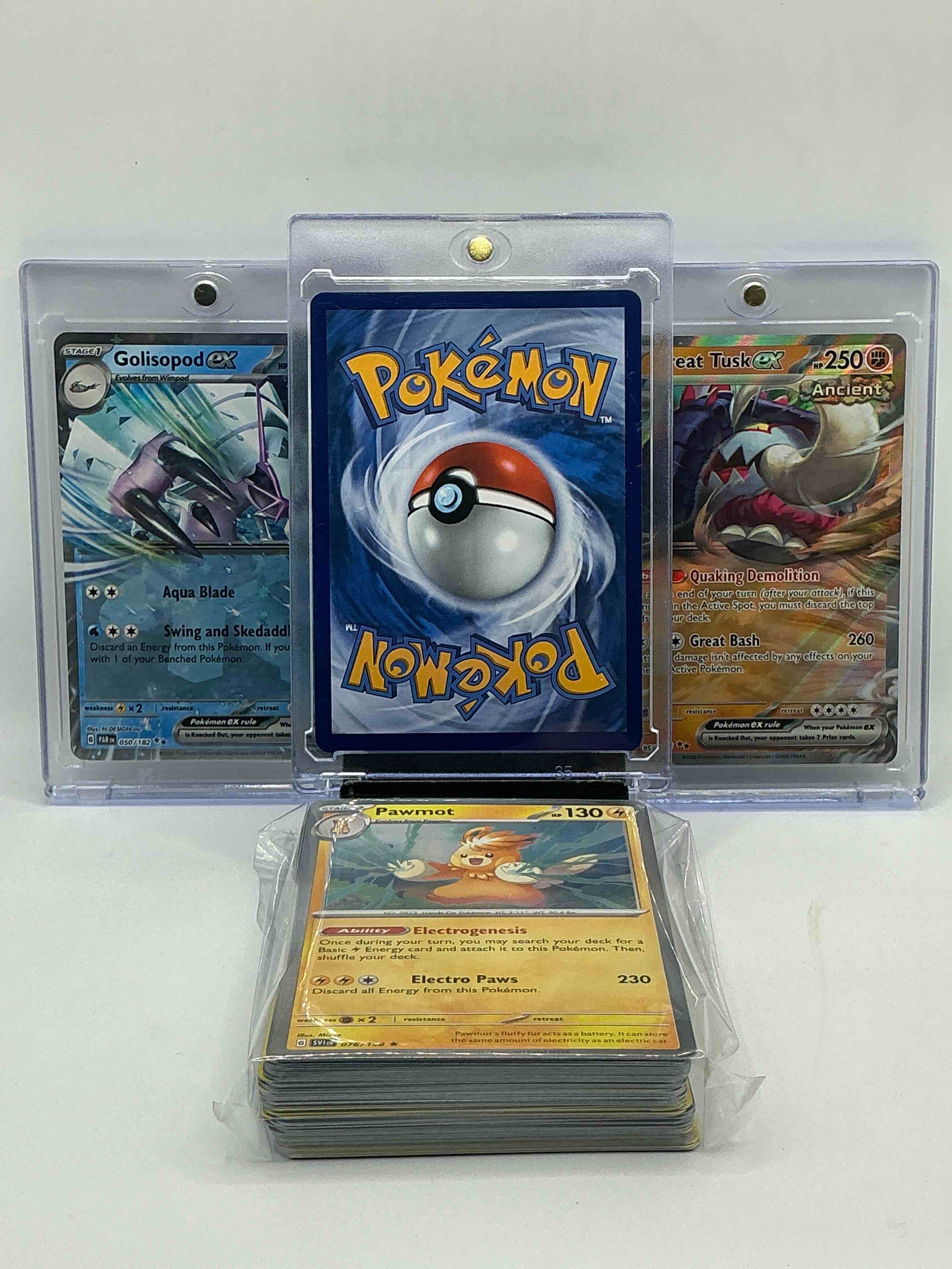 Condition photo showing New/Like New for pokémon palooza! mega charizard x ex! golisopod ex! great tusk ex! along with 50 other pokémon heroes, holos, legends & commons- including 1 stage two rare holographic, 2 stage one rare holographic, 3 basic rare holographic, 4 common/ uncommon holographics (all stages), 2 stage two non holographic & 2 rares! also includes 36 non holo common/ uncommon basic & first stage cards trainers & energy too! perfect set for collectors & enthusiasts!